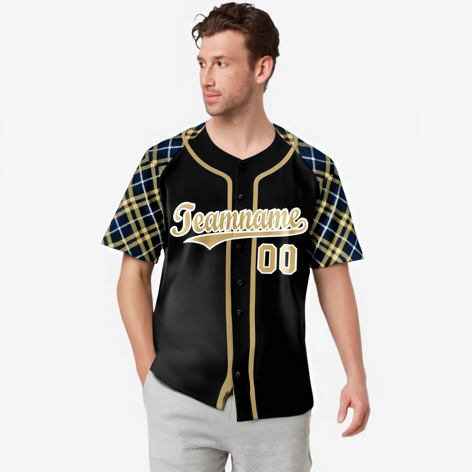 Custom Black Old-Gold White Navy Authentic Plaid sleeve Baseball Jersey