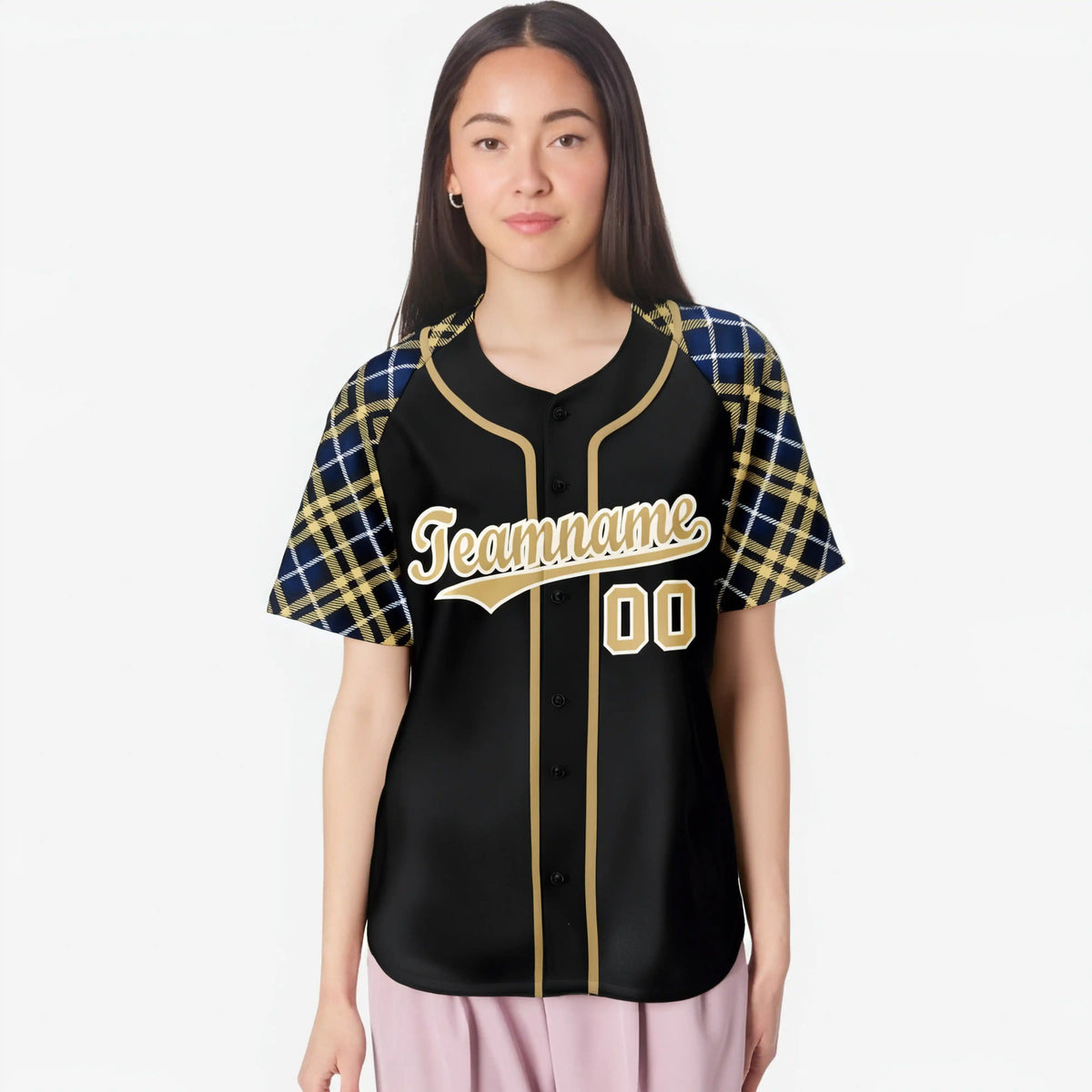 Custom Black Old-Gold White Navy Authentic Plaid sleeve Baseball Jersey