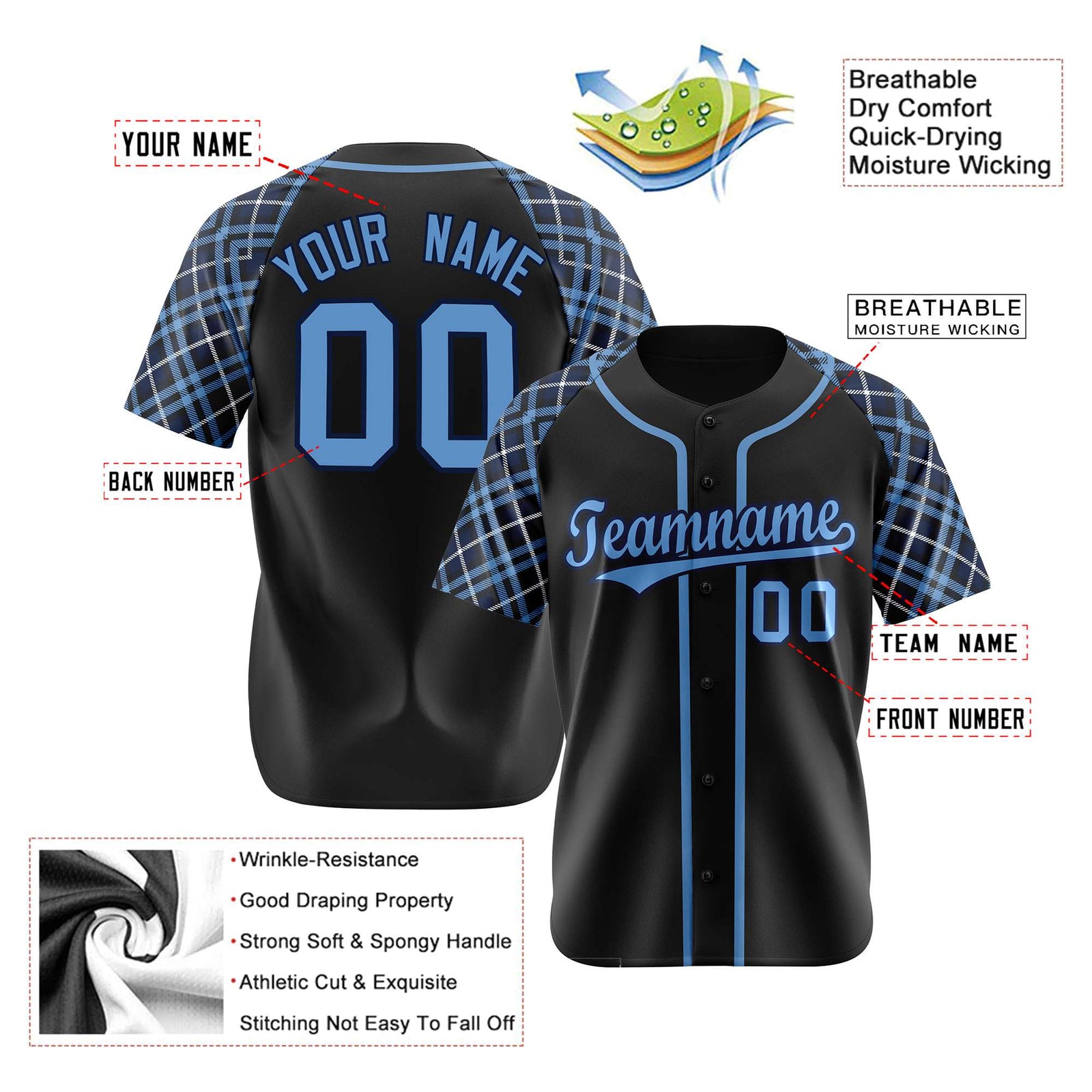 Custom Black Blue Authentic Plaid sleeve Baseball Jersey