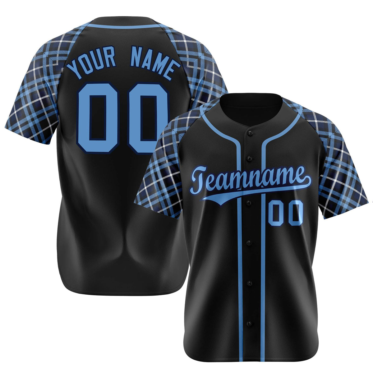 Custom Black Blue Authentic Plaid sleeve Baseball Jersey