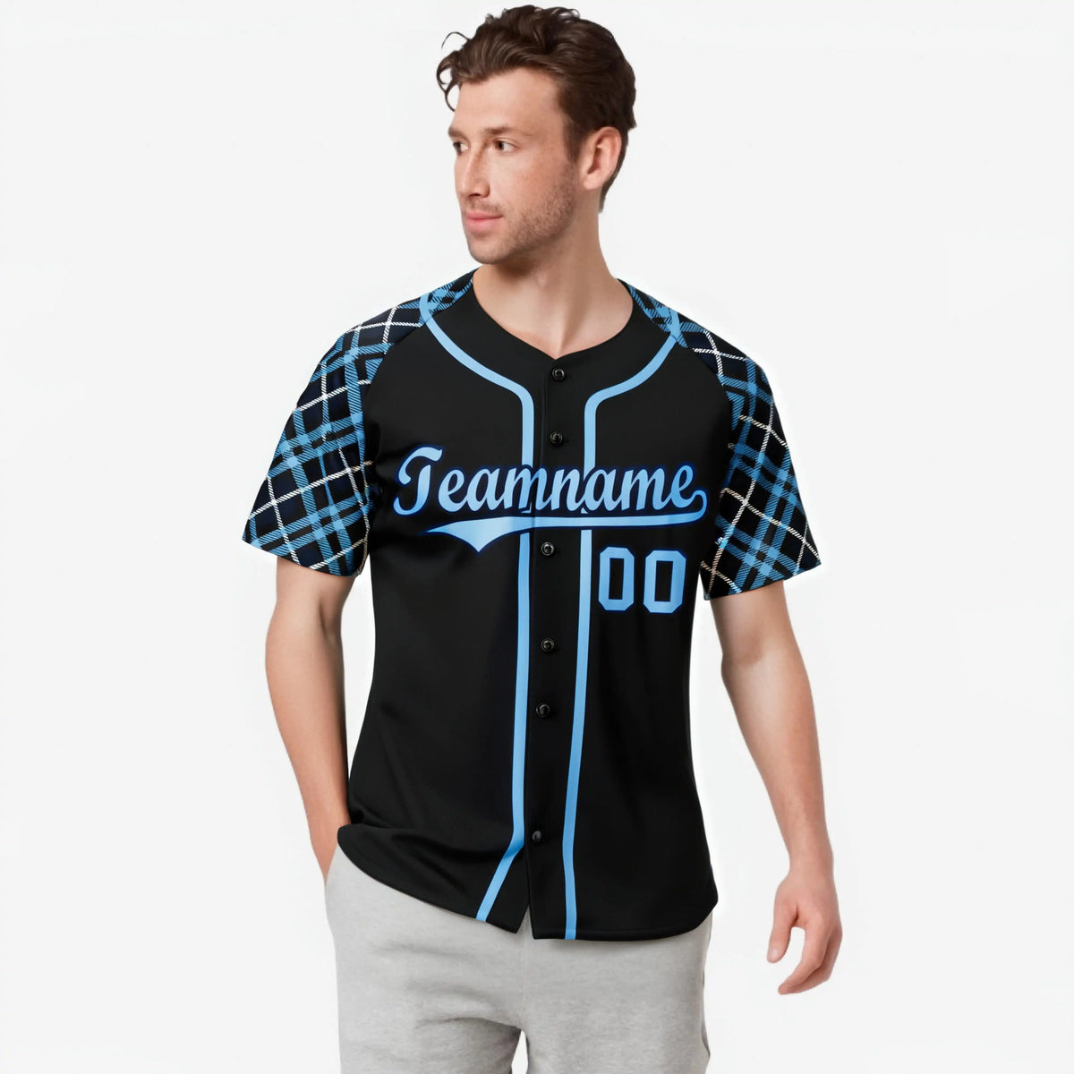Custom Black Blue Authentic Plaid sleeve Baseball Jersey