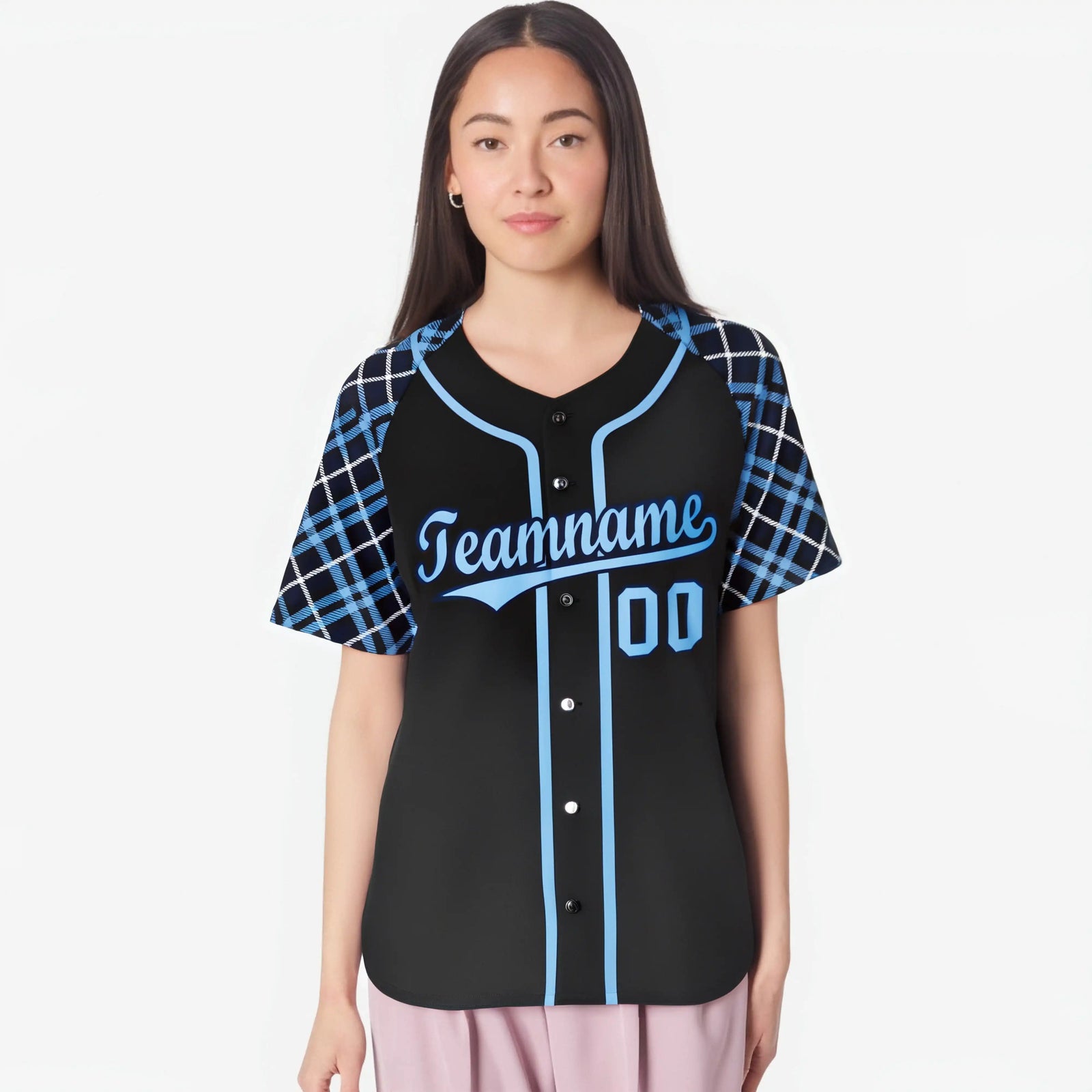 Custom Black Blue Authentic Plaid sleeve Baseball Jersey