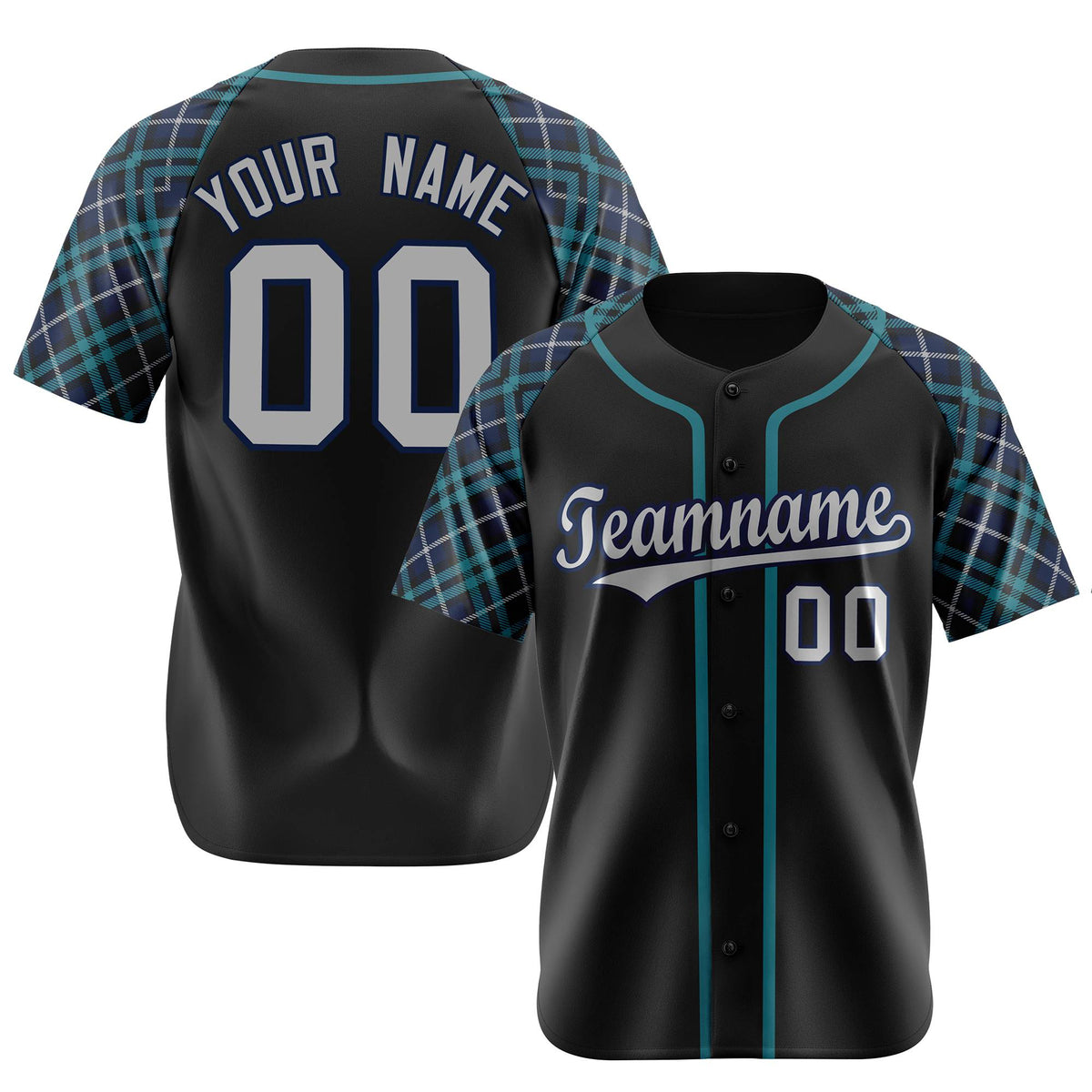Custom Black Midnight-Green Gray Authentic Plaid sleeve Baseball Jersey