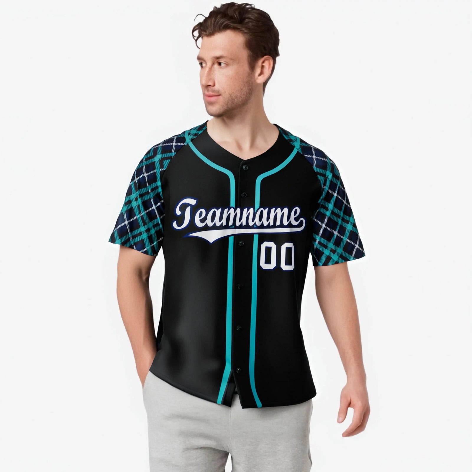 Custom Black Midnight-Green Gray Authentic Plaid sleeve Baseball Jersey