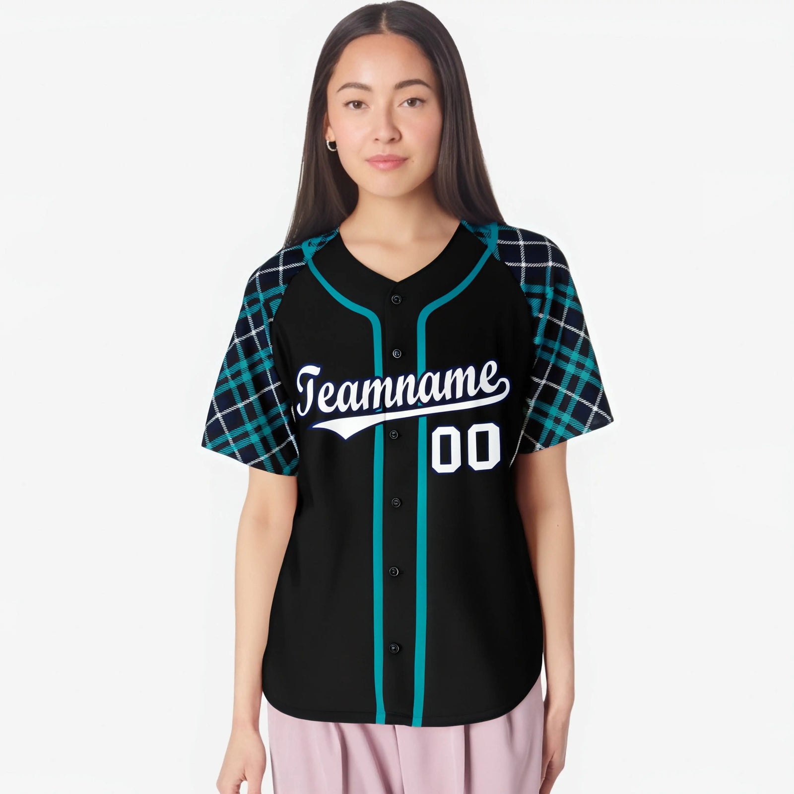 Custom Black Midnight-Green Gray Authentic Plaid sleeve Baseball Jersey