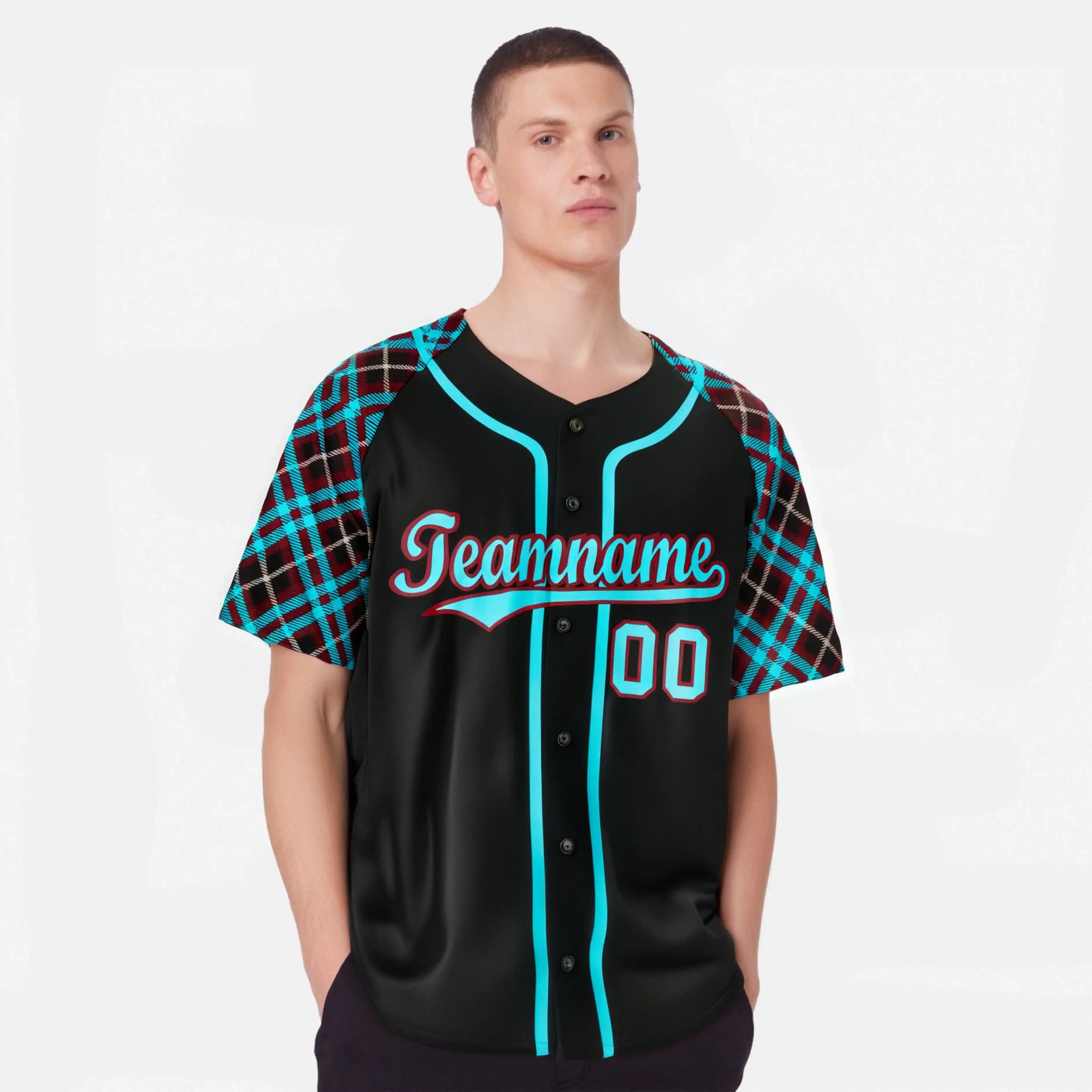 Custom Black Light-Blue Crimson Authentic Plaid sleeve Baseball Jersey
