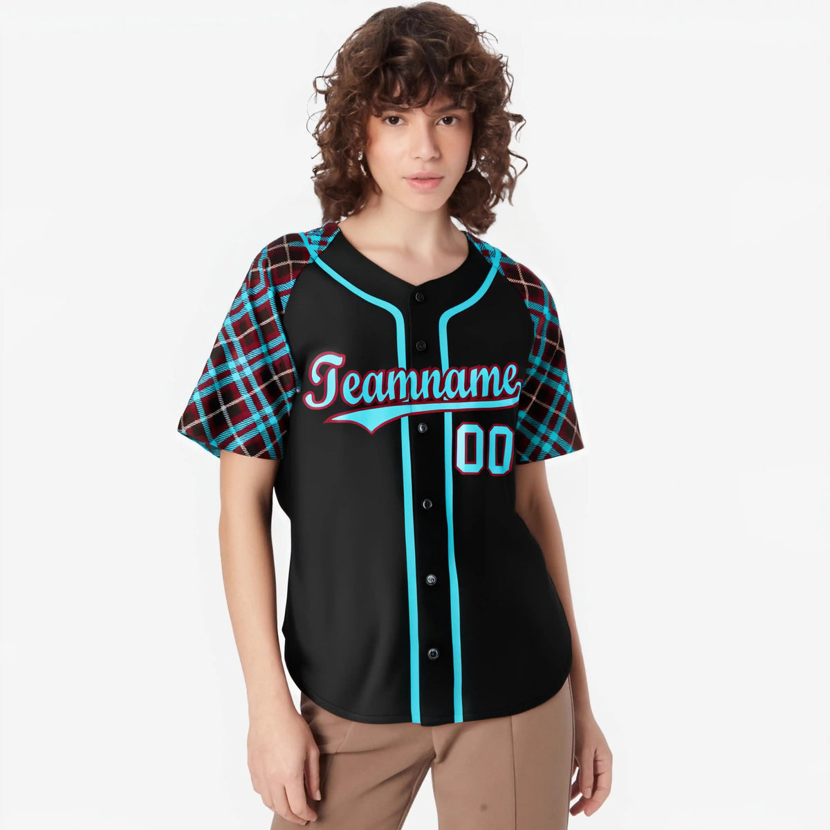 Custom Black Light-Blue Crimson Authentic Plaid sleeve Baseball Jersey