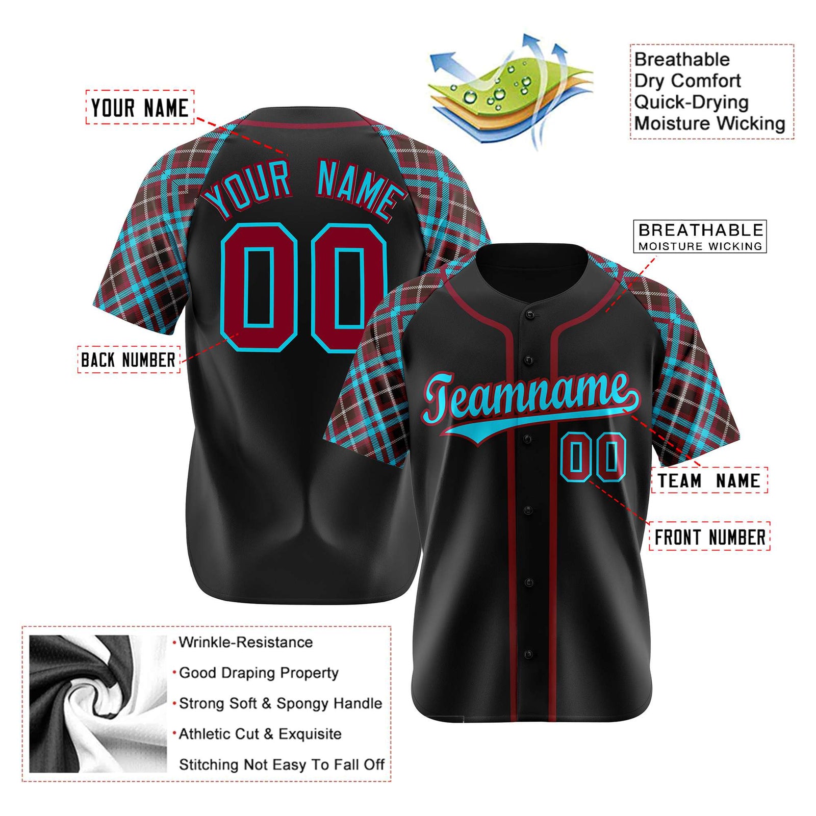 Custom Black Burgundy Light-Blue Authentic Plaid sleeve Baseball Jersey