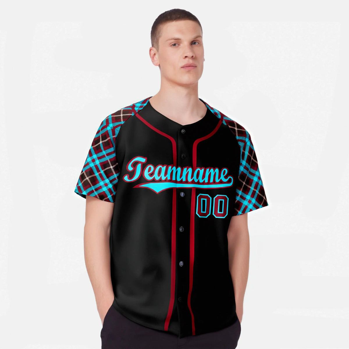 Custom Black Burgundy Light-Blue Authentic Plaid sleeve Baseball Jersey