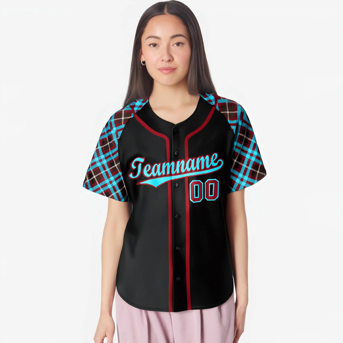 Custom Black Burgundy Light-Blue Authentic Plaid sleeve Baseball Jersey