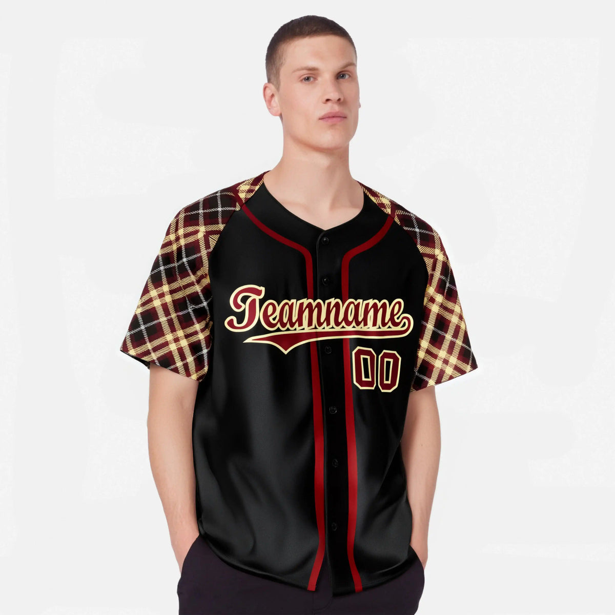 Custom Black Burgundy Old-Gold Authentic Plaid sleeve Baseball Jersey