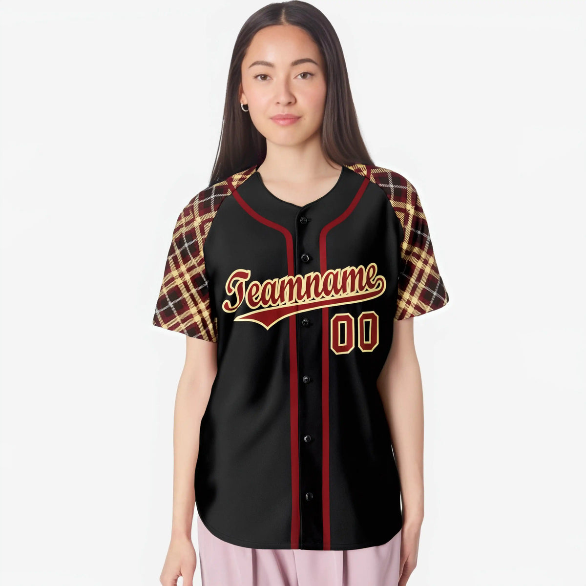 Custom Black Burgundy Old-Gold Authentic Plaid sleeve Baseball Jersey
