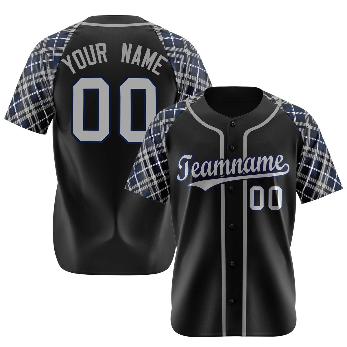 Custom Black Gray-Navy Authentic Plaid sleeve Baseball Jersey
