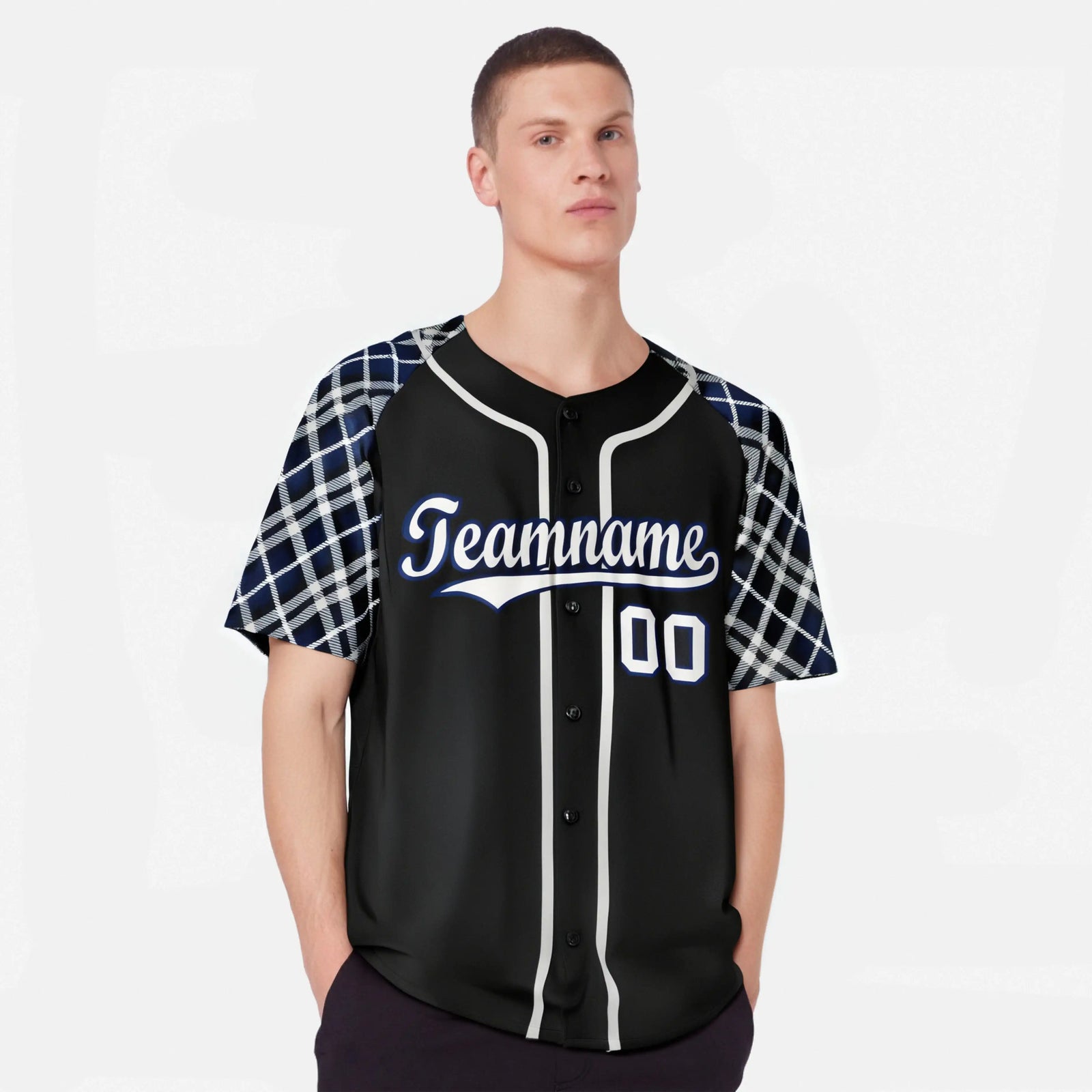 Custom Black Gray-Navy Authentic Plaid sleeve Baseball Jersey