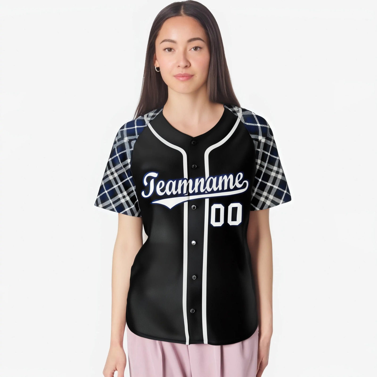 Custom Black Gray-Navy Authentic Plaid sleeve Baseball Jersey