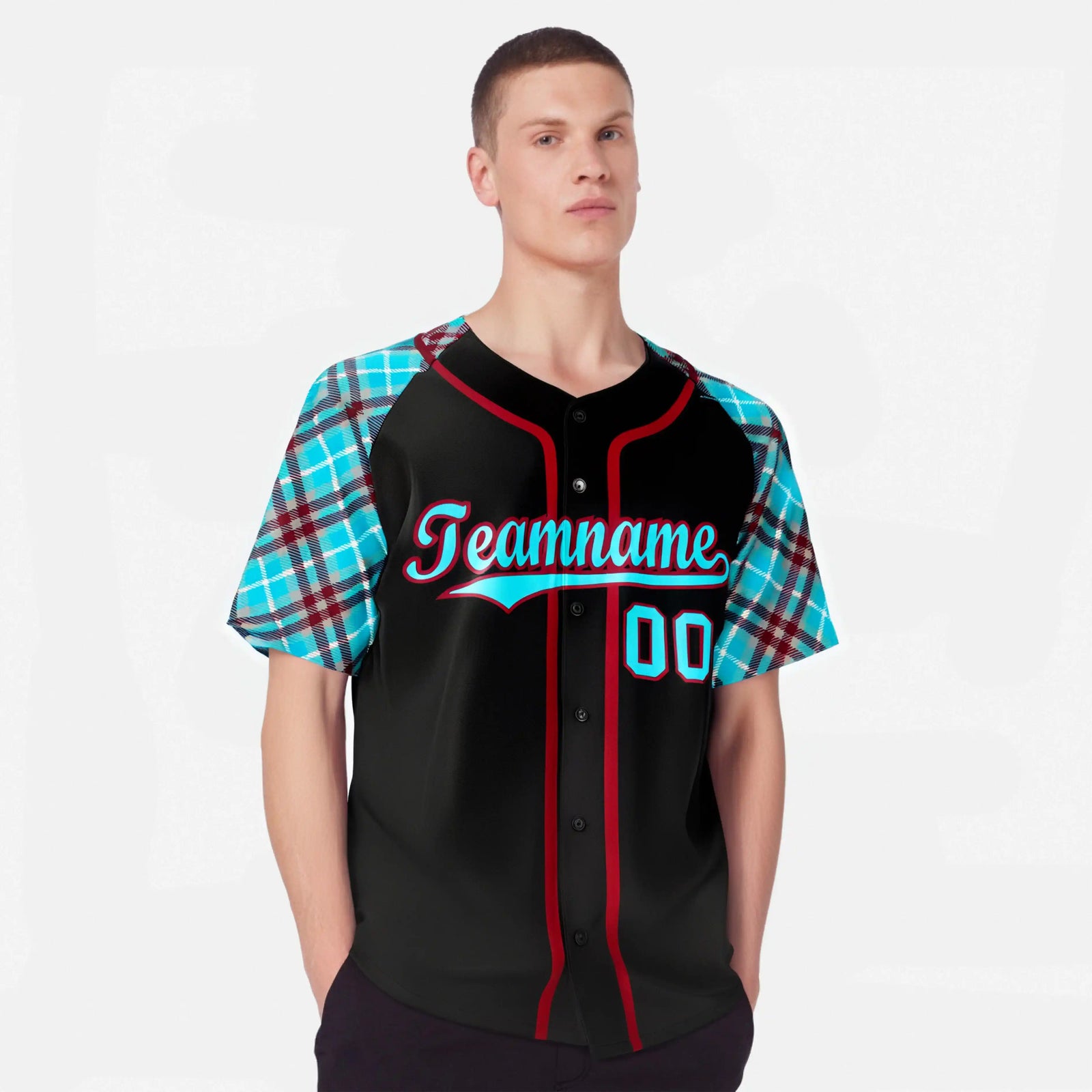 Custom Black Burgundy Light-Bule Authentic Plaid sleeve Baseball Jersey