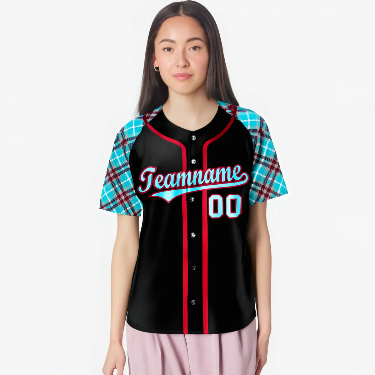 Custom Black Burgundy Light-Bule Authentic Plaid sleeve Baseball Jersey
