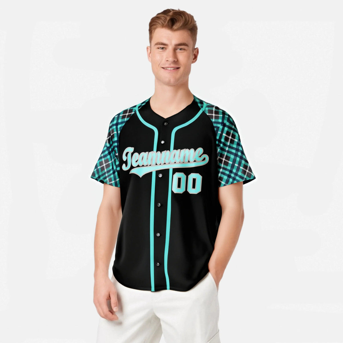 Custom Black Light-Bule Navy Authentic Plaid sleeve Baseball Jersey
