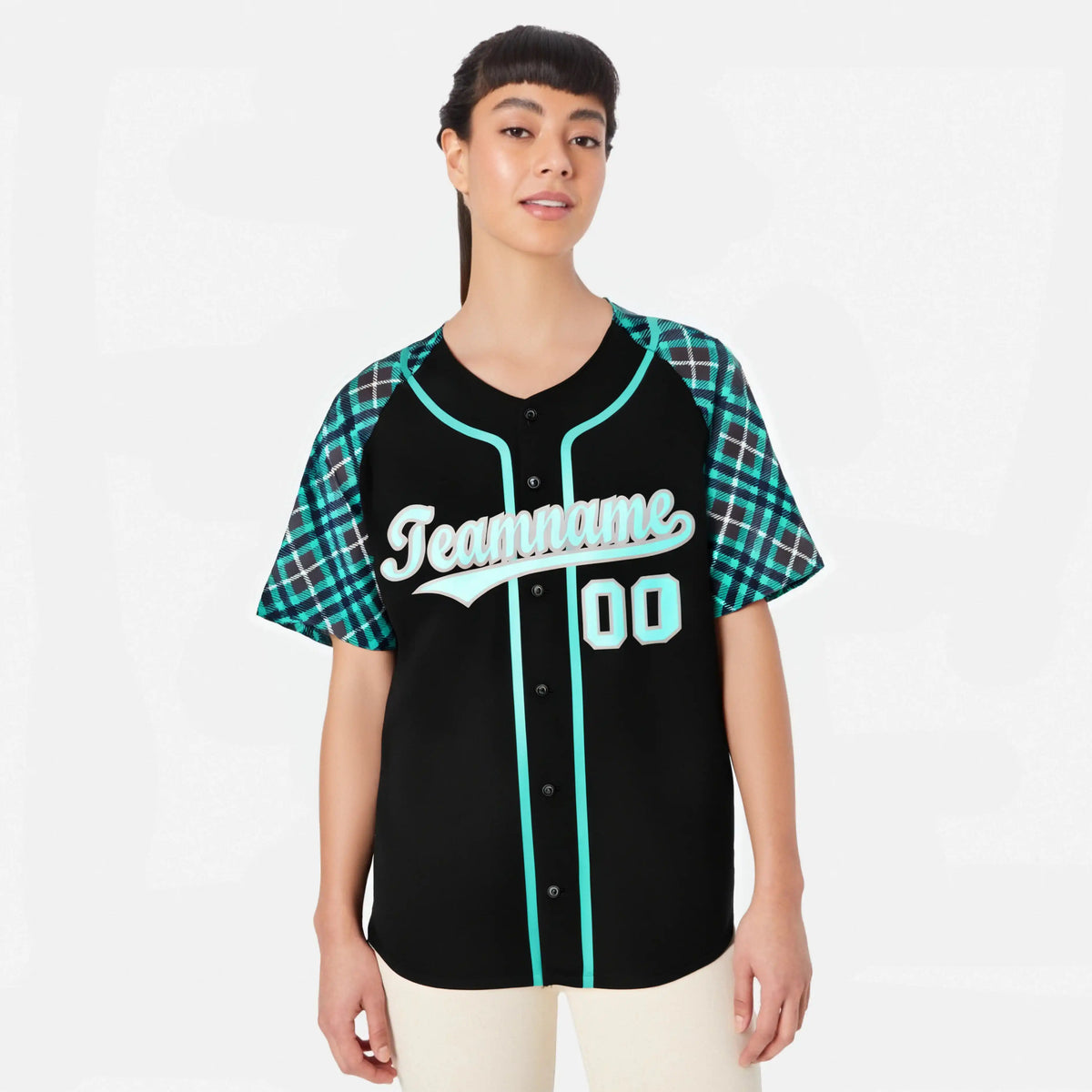 Custom Black Light-Bule Navy Authentic Plaid sleeve Baseball Jersey