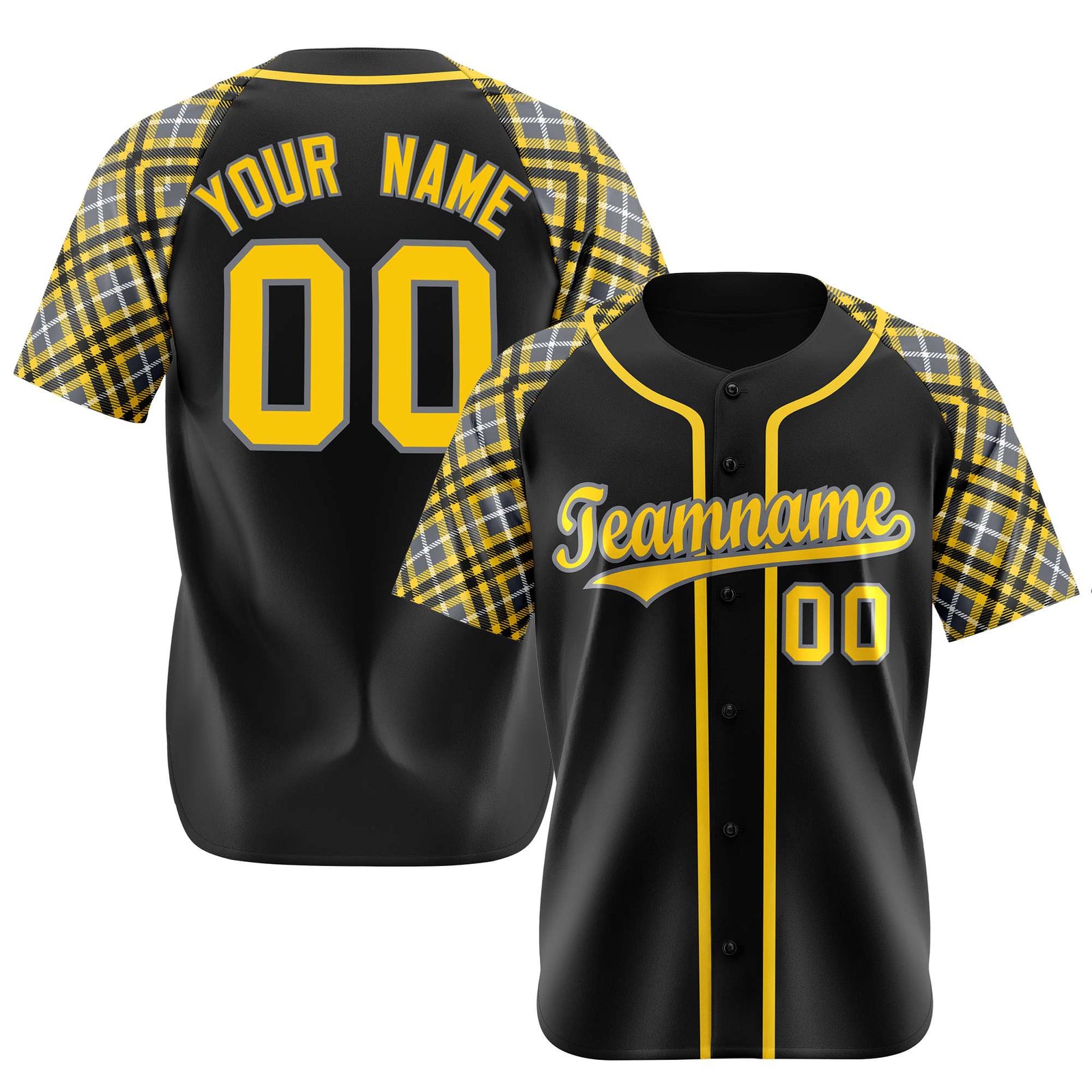 Custom Black Yellow-Gray Authentic Plaid sleeve Baseball Jersey