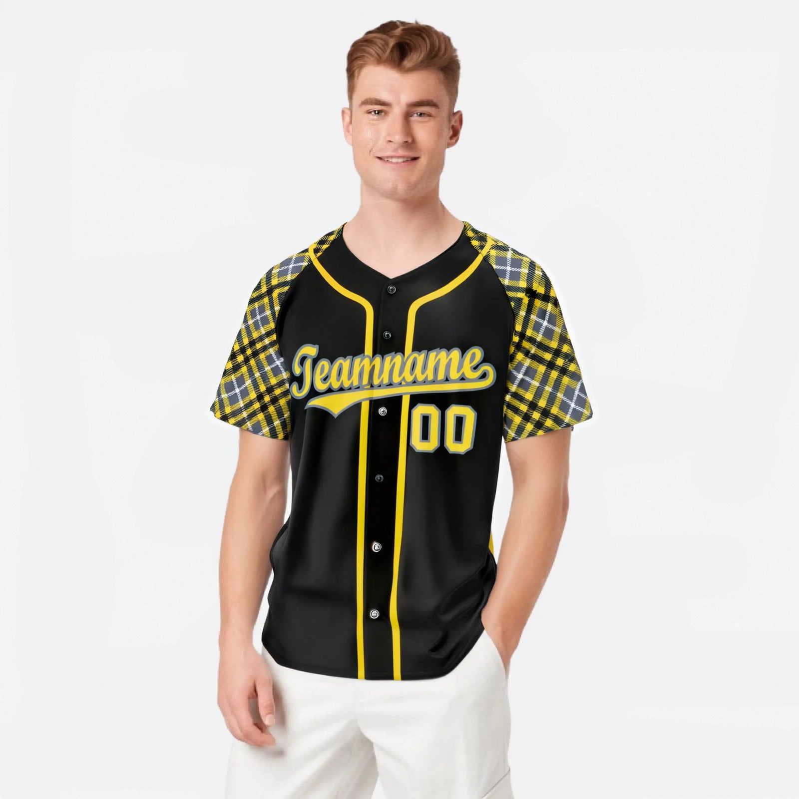Custom Black Yellow-Gray Authentic Plaid sleeve Baseball Jersey