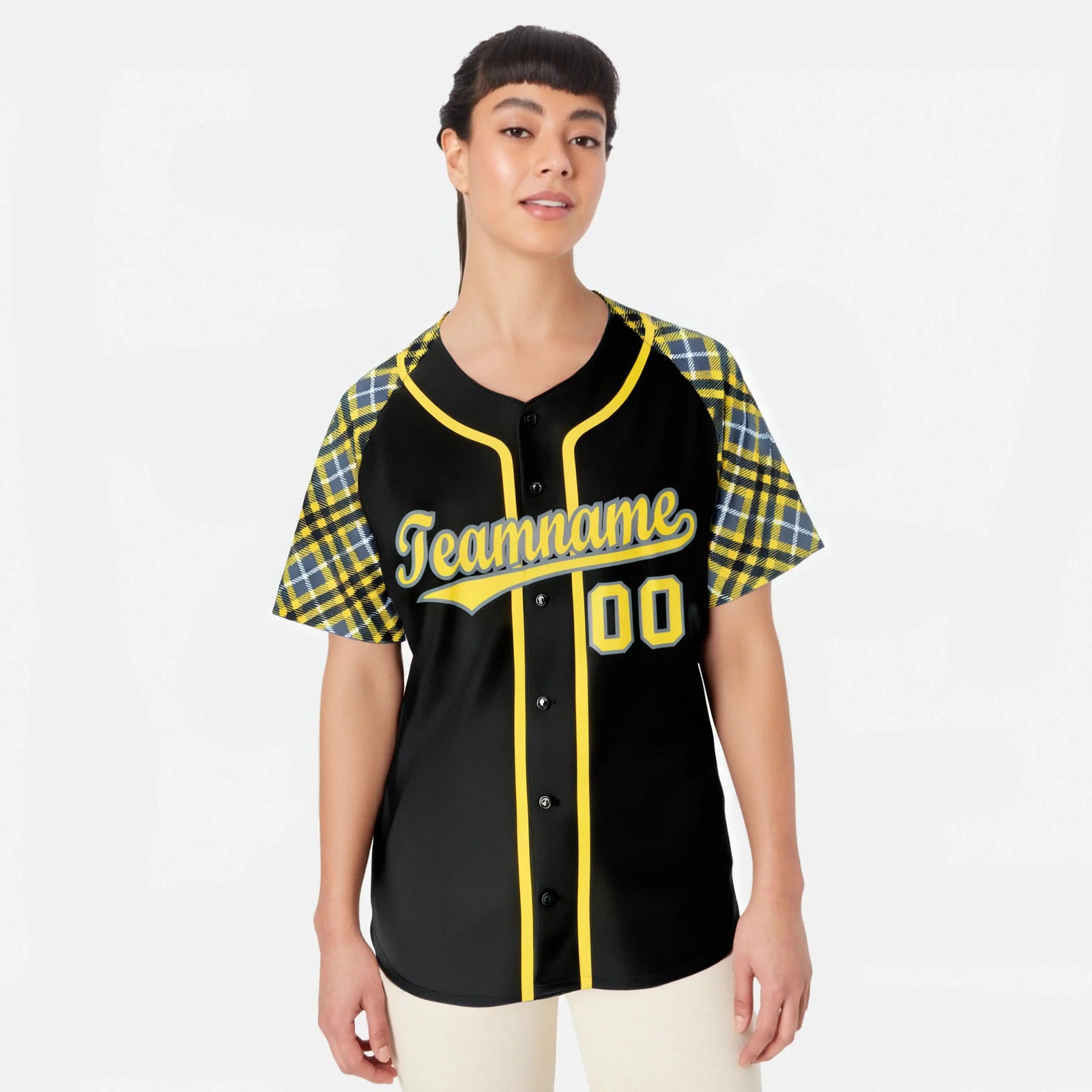 Custom Black Yellow-Gray Authentic Plaid sleeve Baseball Jersey