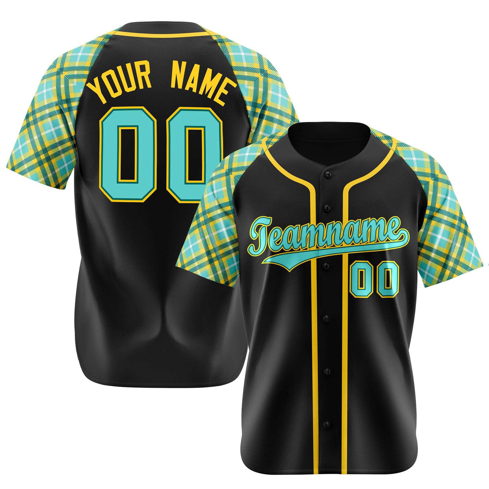 Custom Black Yellow Light-Bule Authentic Plaid sleeve Baseball Jersey