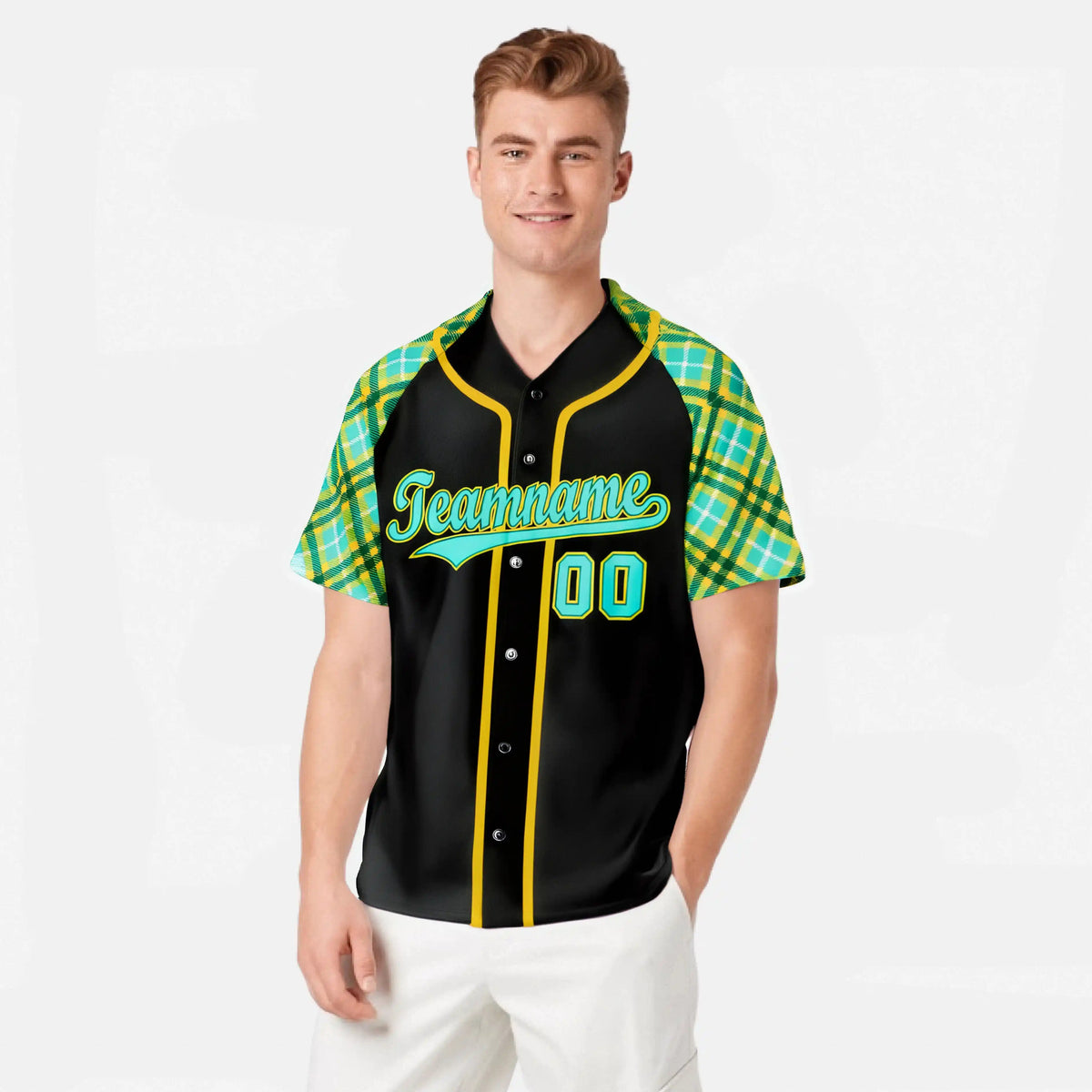 Custom Black Yellow Light-Bule Authentic Plaid sleeve Baseball Jersey