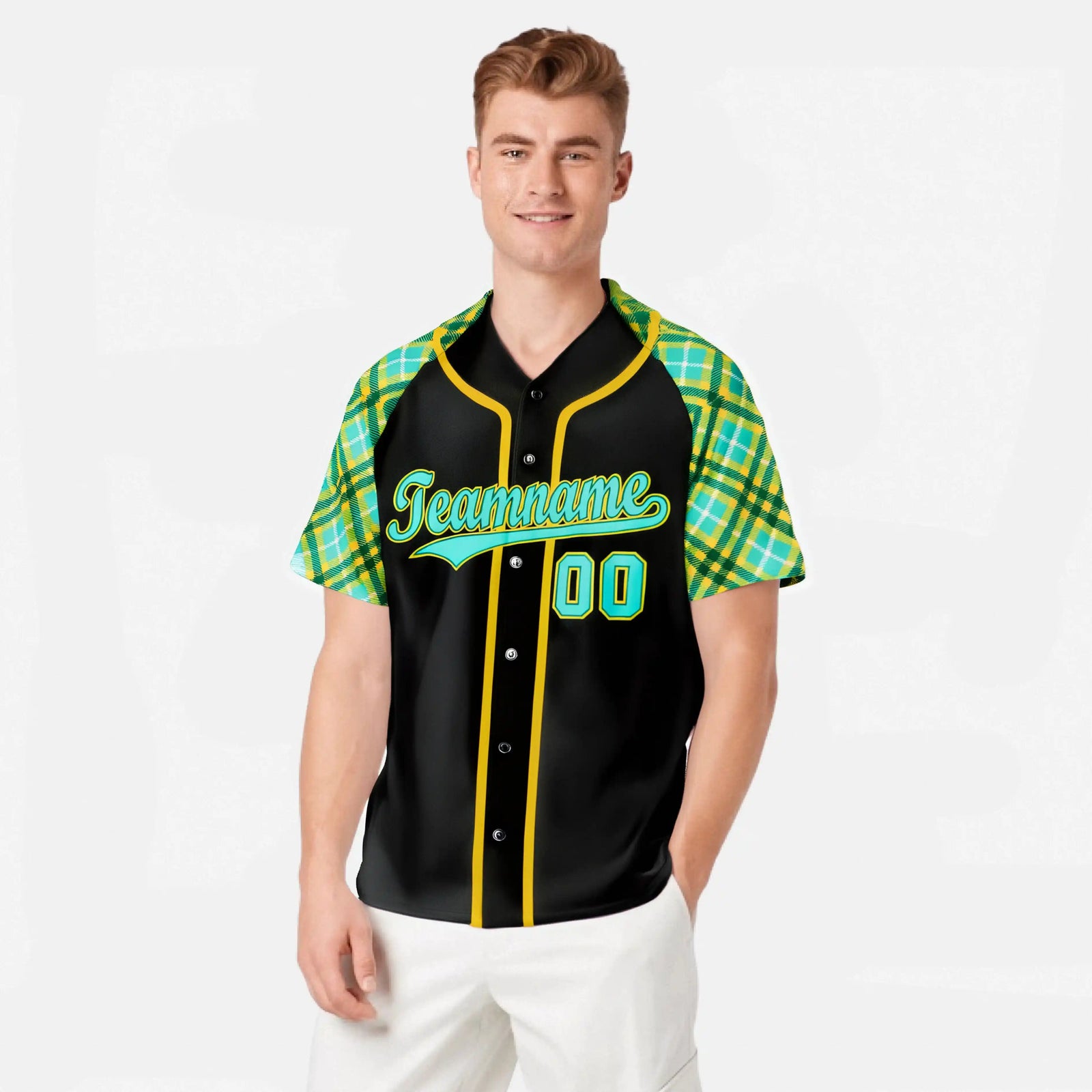 Custom Black Yellow Light-Bule Authentic Plaid sleeve Baseball Jersey