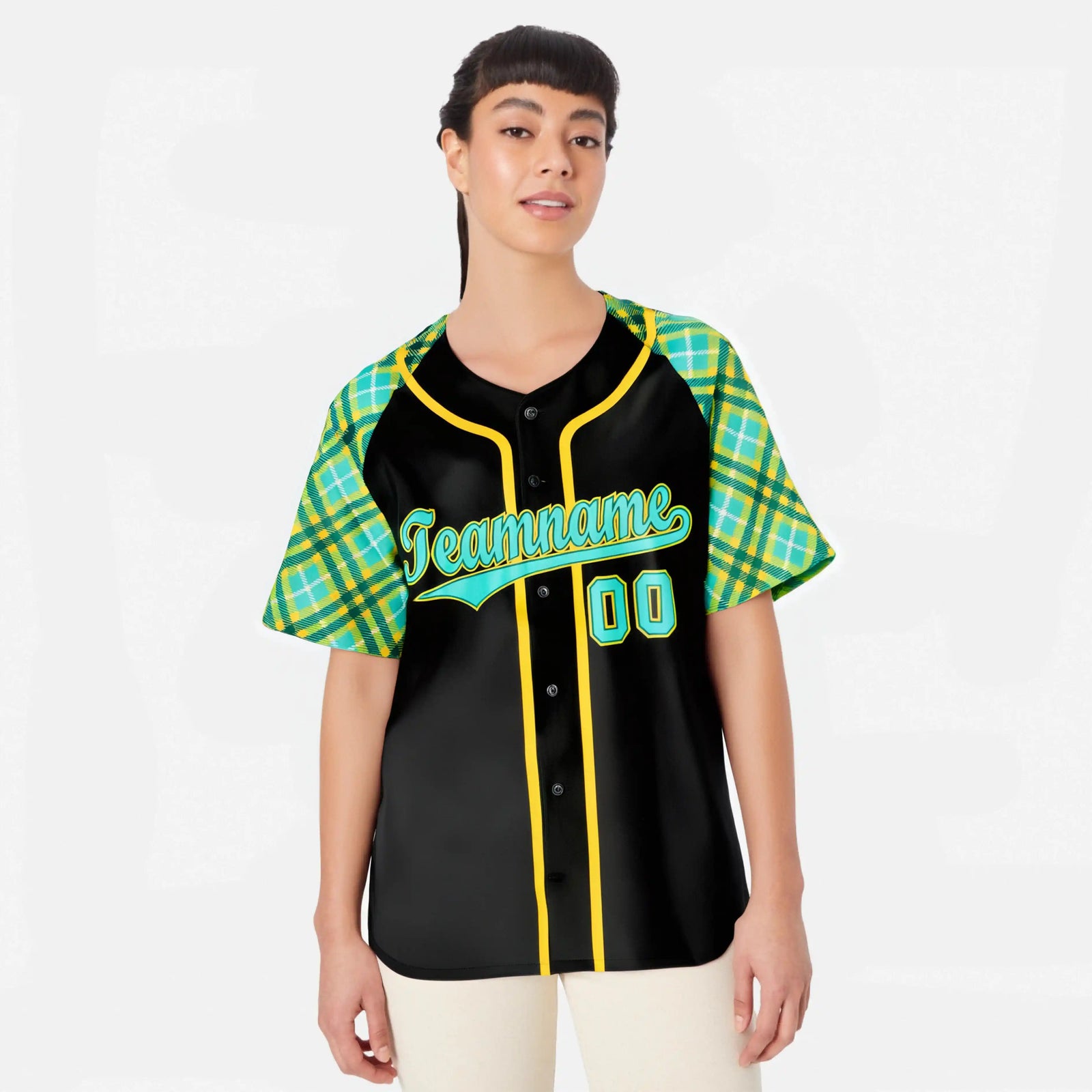 Custom Black Yellow Light-Bule Authentic Plaid sleeve Baseball Jersey
