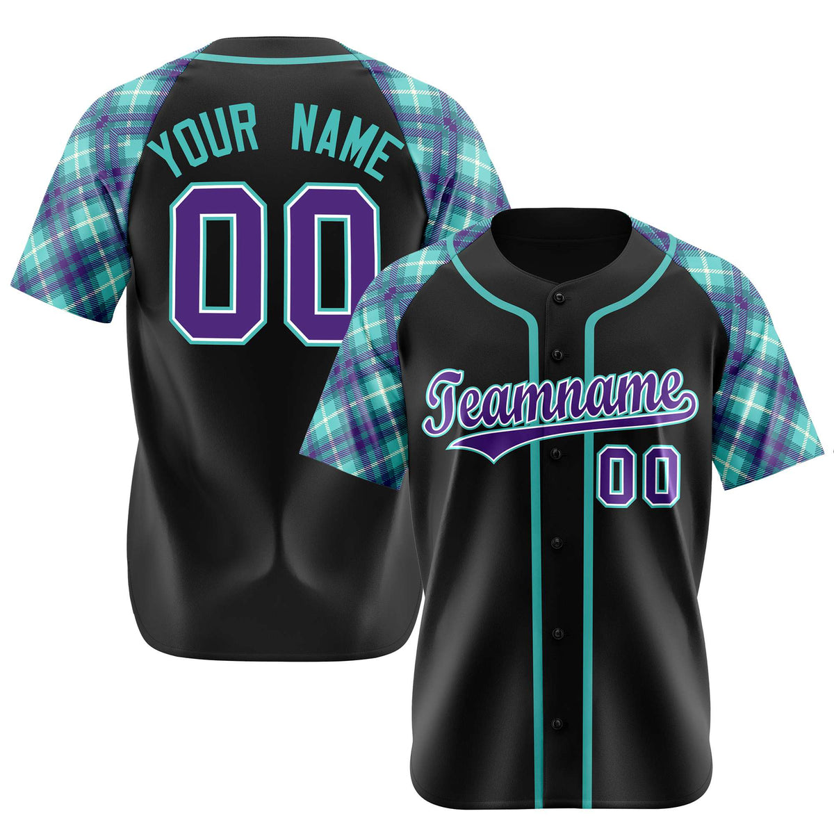 Custom Black Purple Light-Bule Authentic Plaid sleeve Baseball Jersey