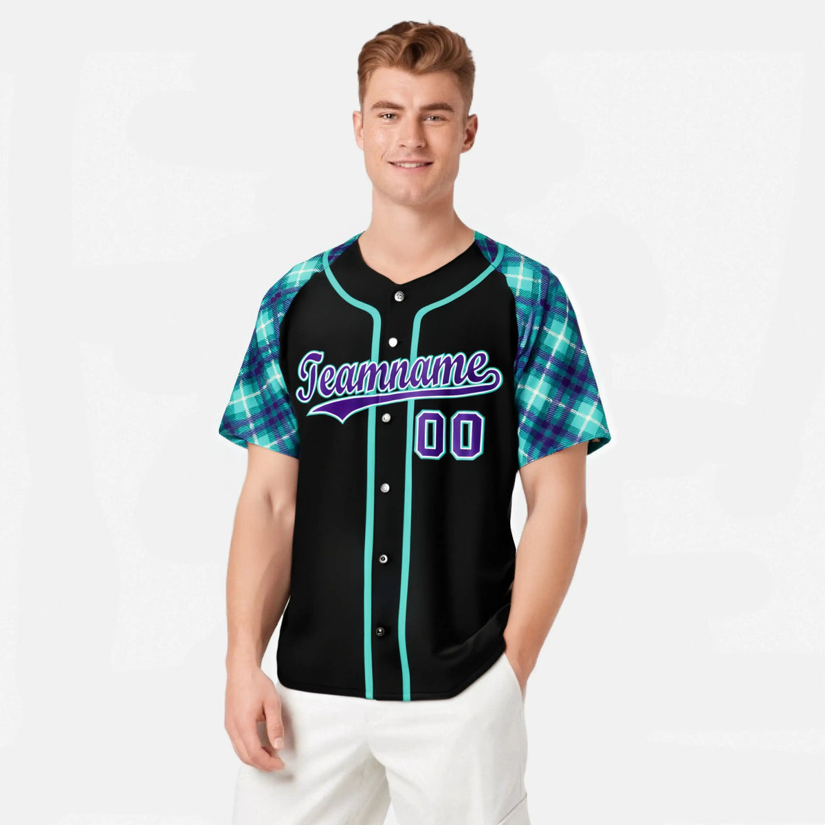 Custom Black Purple Light-Bule Authentic Plaid sleeve Baseball Jersey