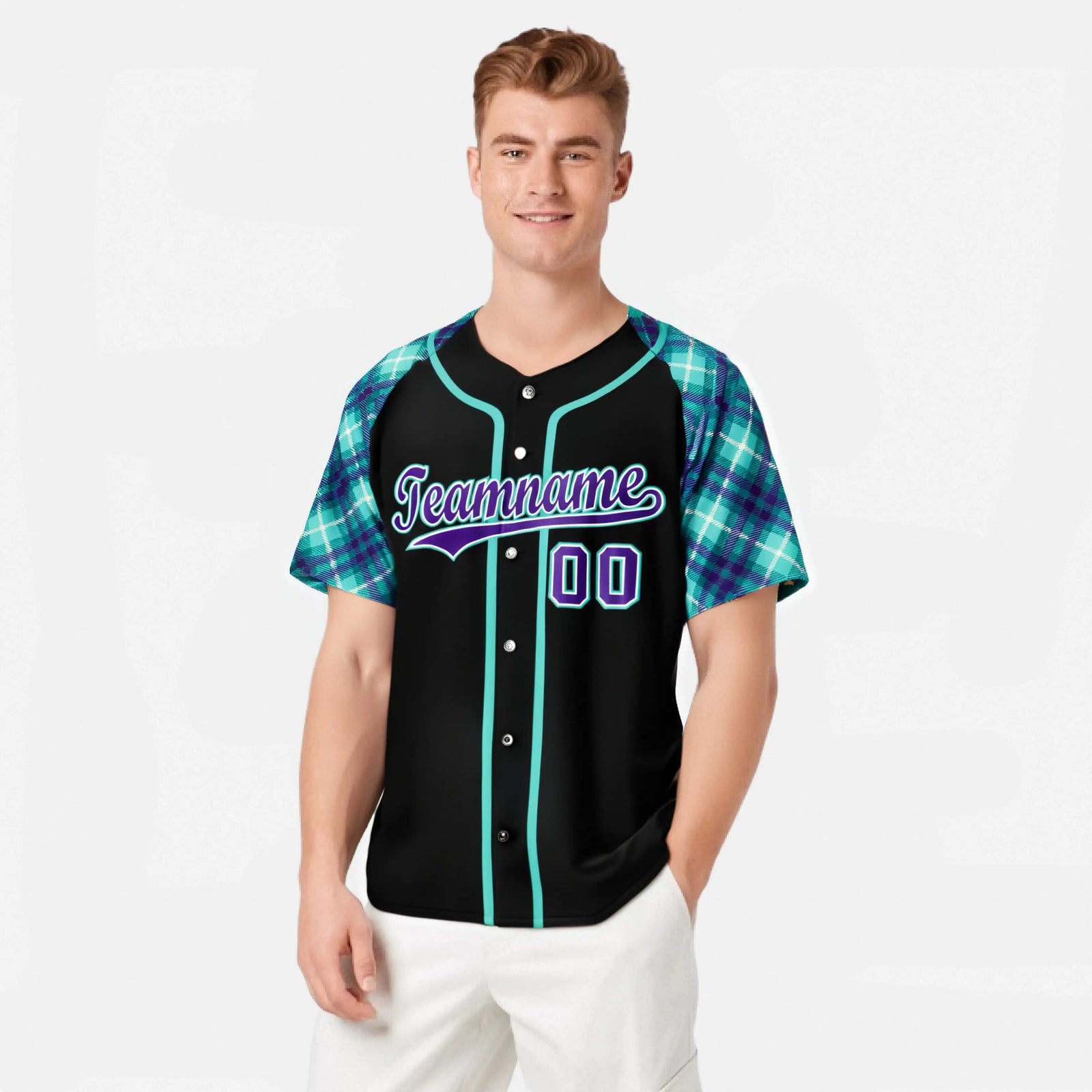 Custom Black Purple Light-Bule Authentic Plaid sleeve Baseball Jersey