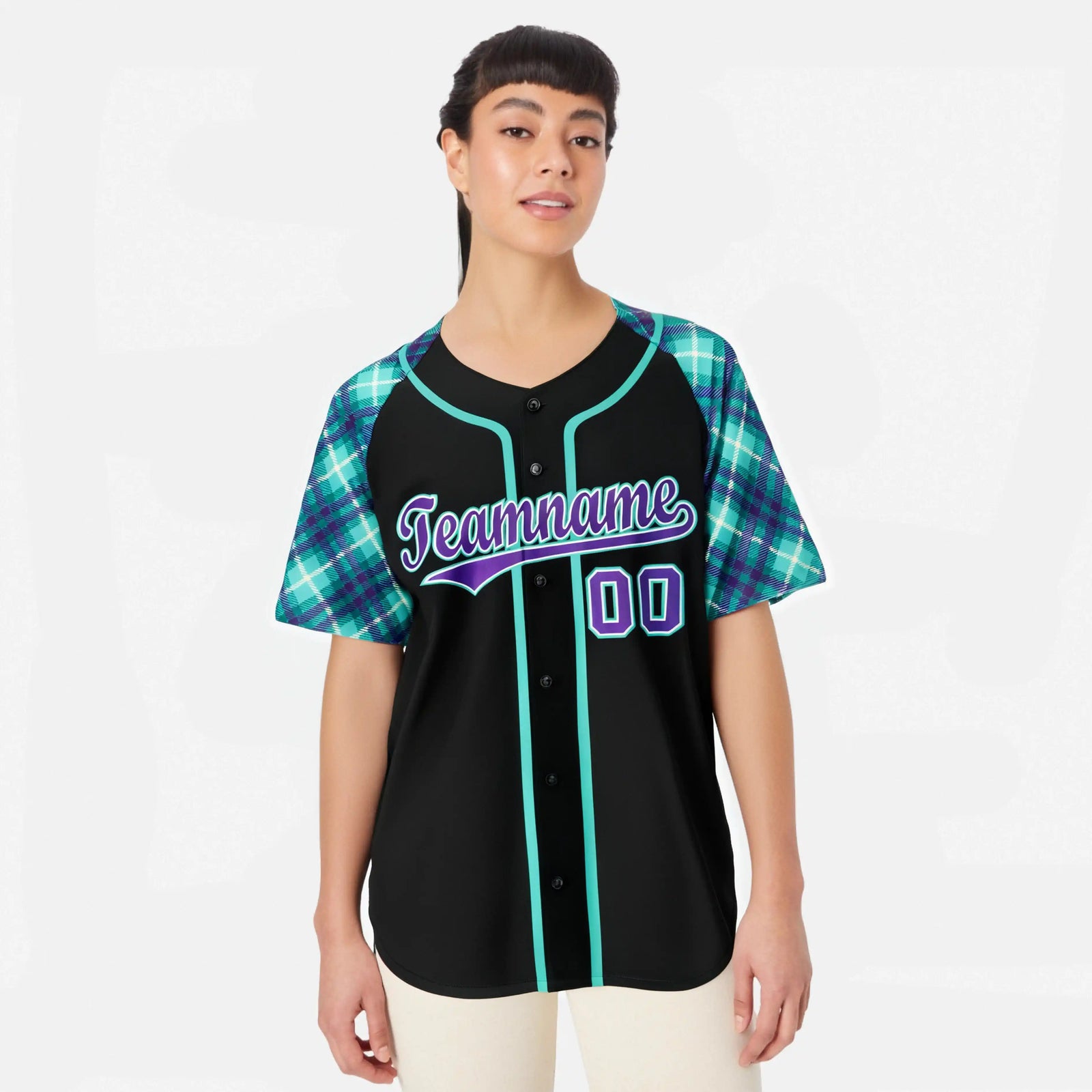 Custom Black Purple Light-Bule Authentic Plaid sleeve Baseball Jersey