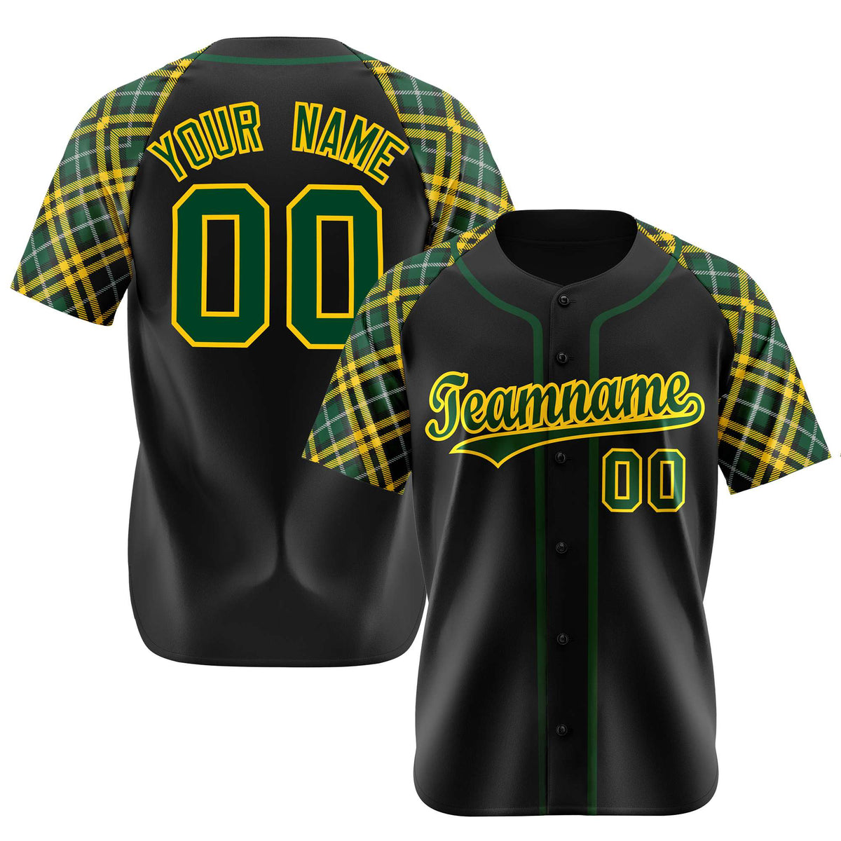 Custom Black Kelly-Green Gold Authentic Plaid sleeve Baseball Jersey
