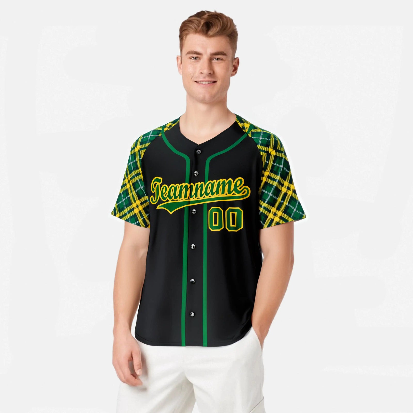Custom Black Kelly-Green Gold Authentic Plaid sleeve Baseball Jersey
