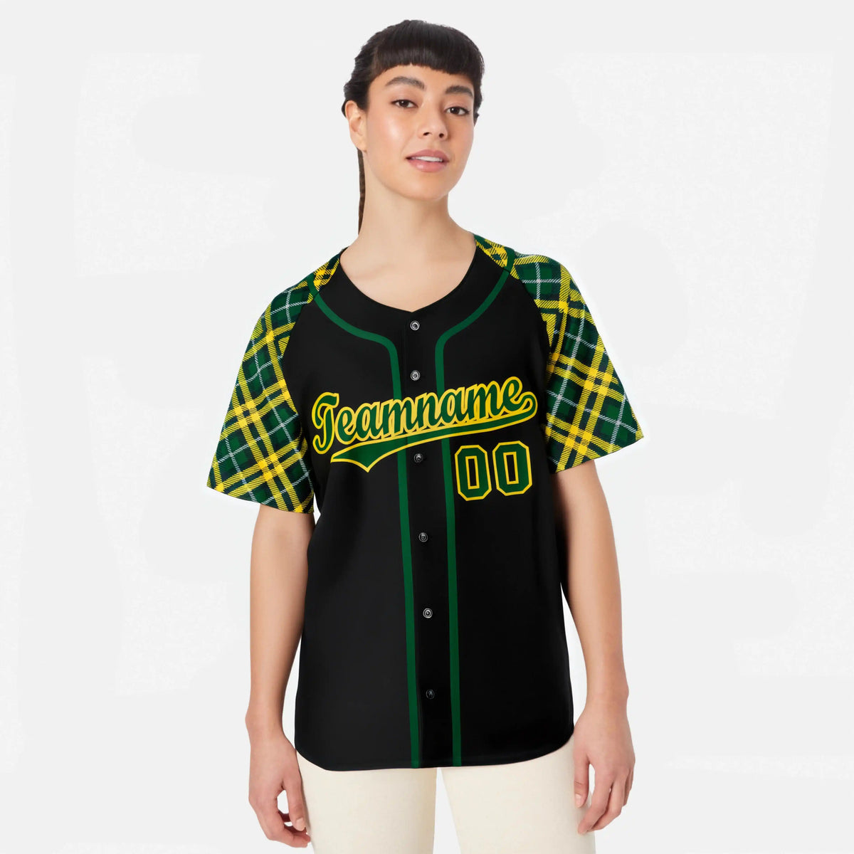 Custom Black Kelly-Green Gold Authentic Plaid sleeve Baseball Jersey
