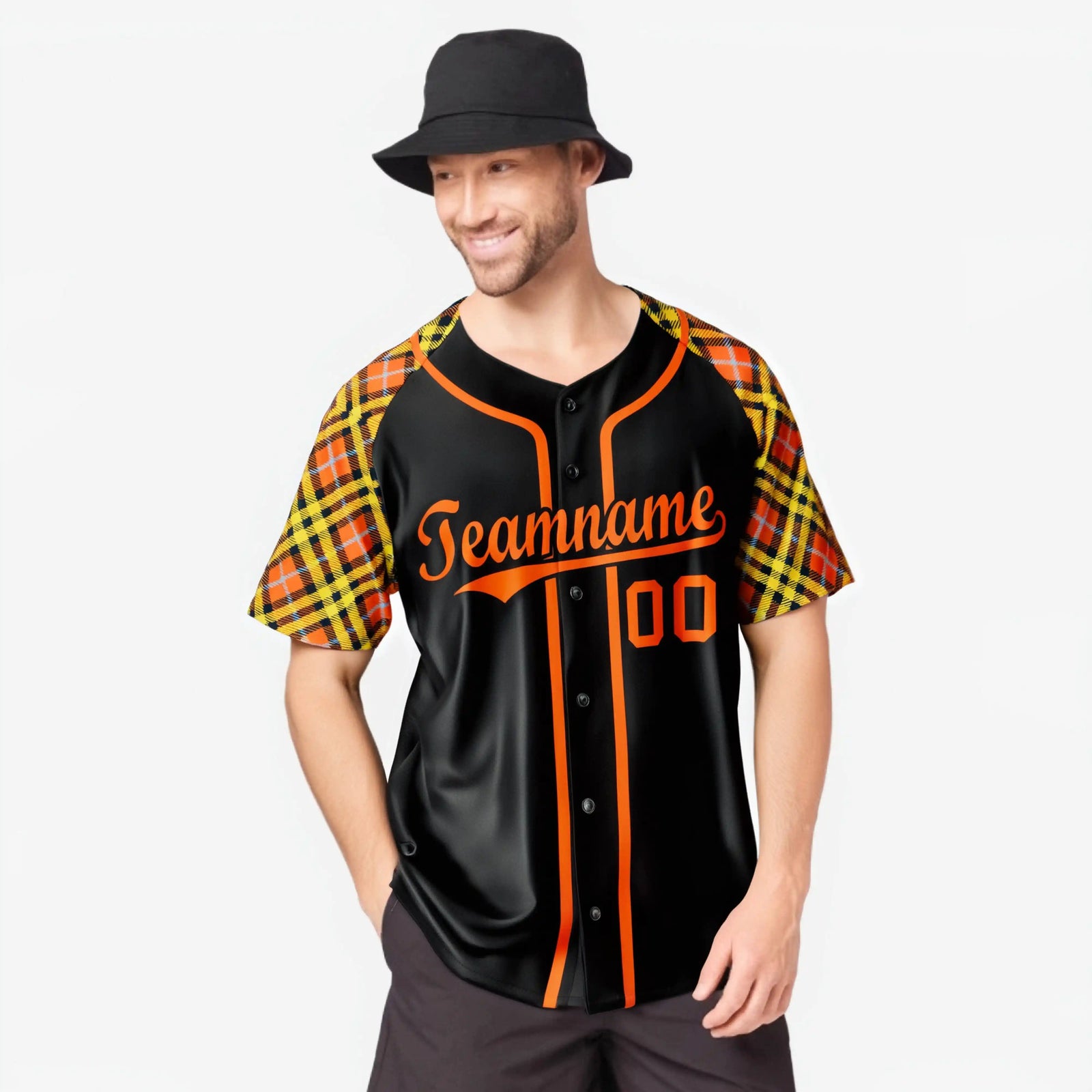 Custom Black Bay-Orange Yellow Authentic Plaid sleeve Baseball Jersey