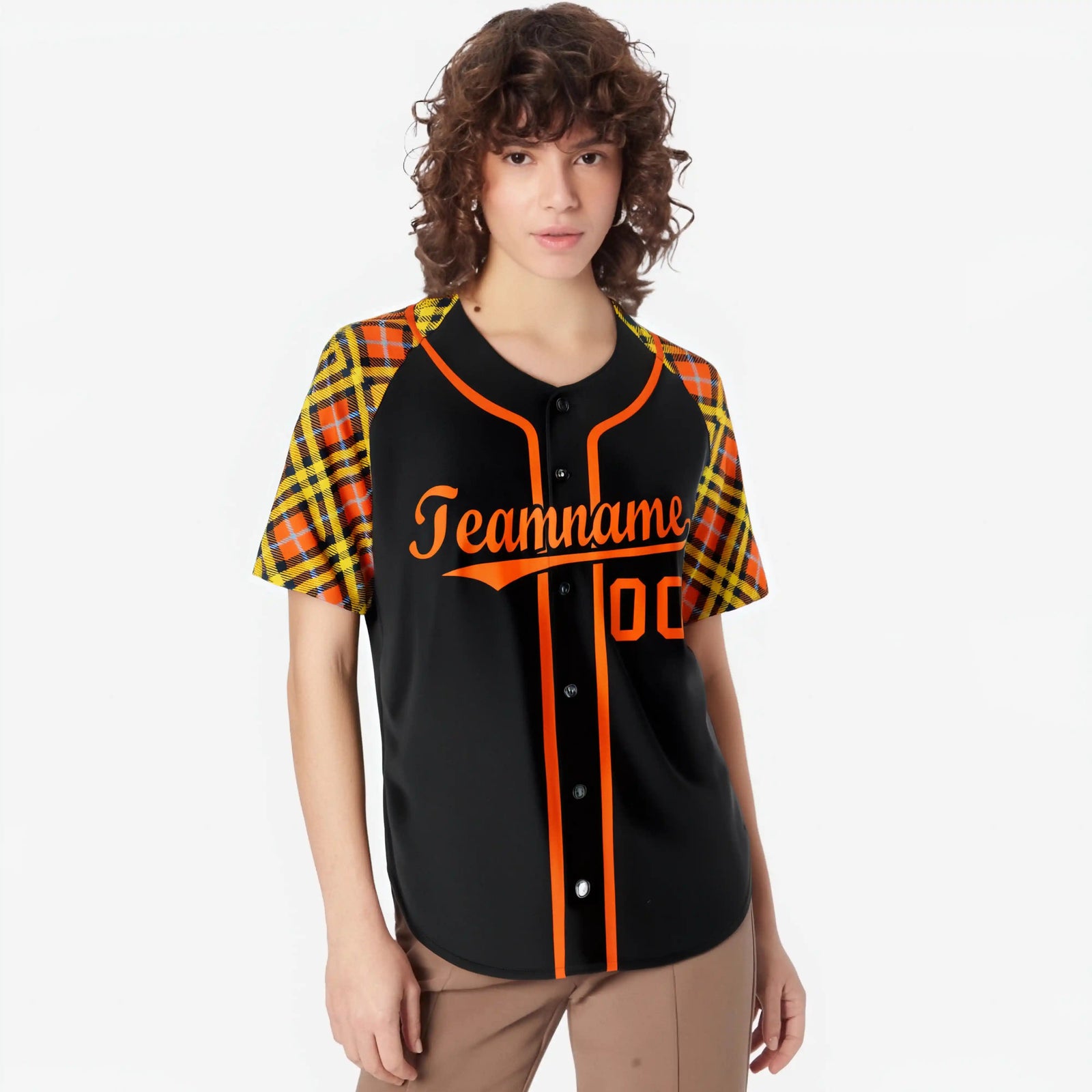 Custom Black Bay-Orange Yellow Authentic Plaid sleeve Baseball Jersey