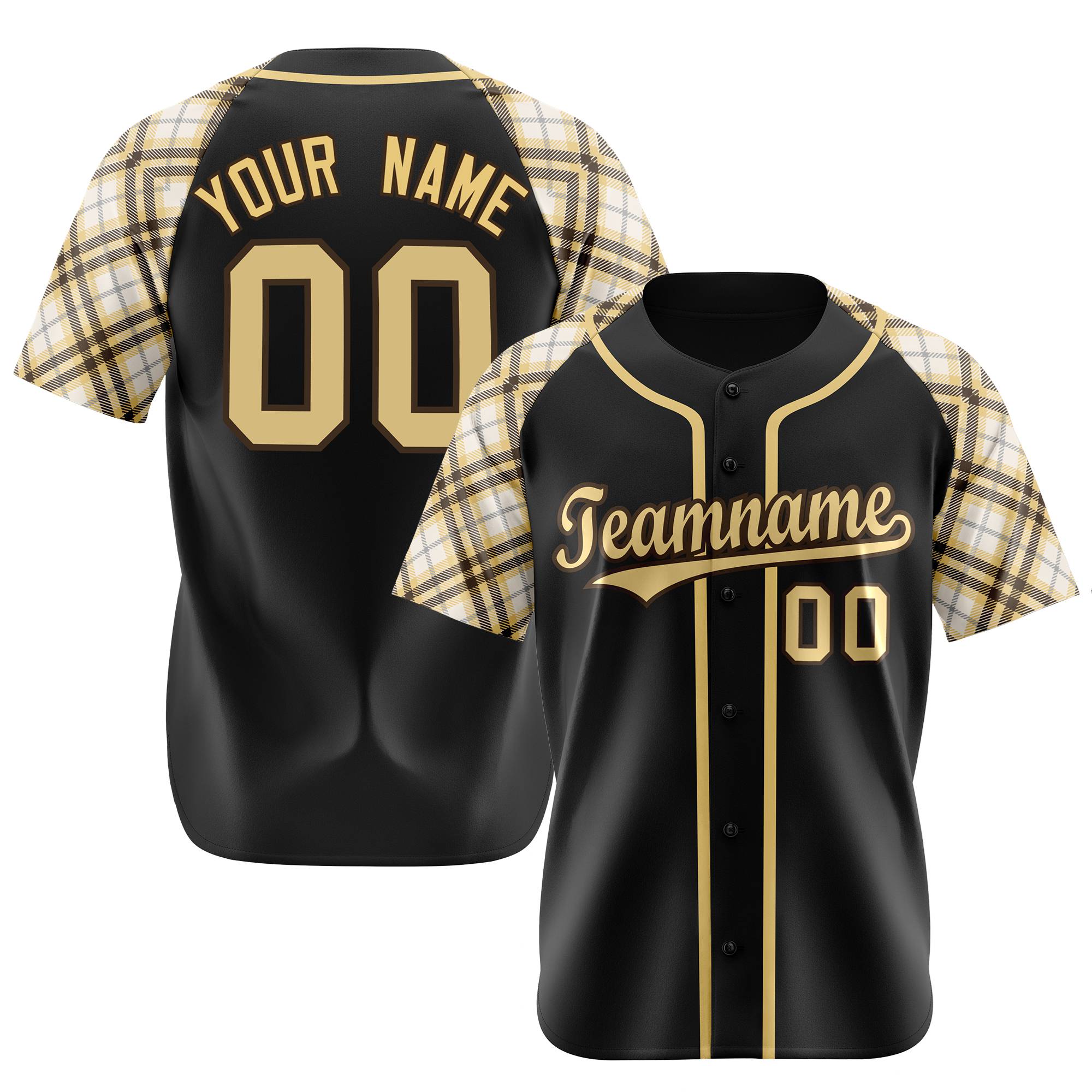 Custom Black Old-Gold White Authentic Plaid sleeve Baseball Jersey