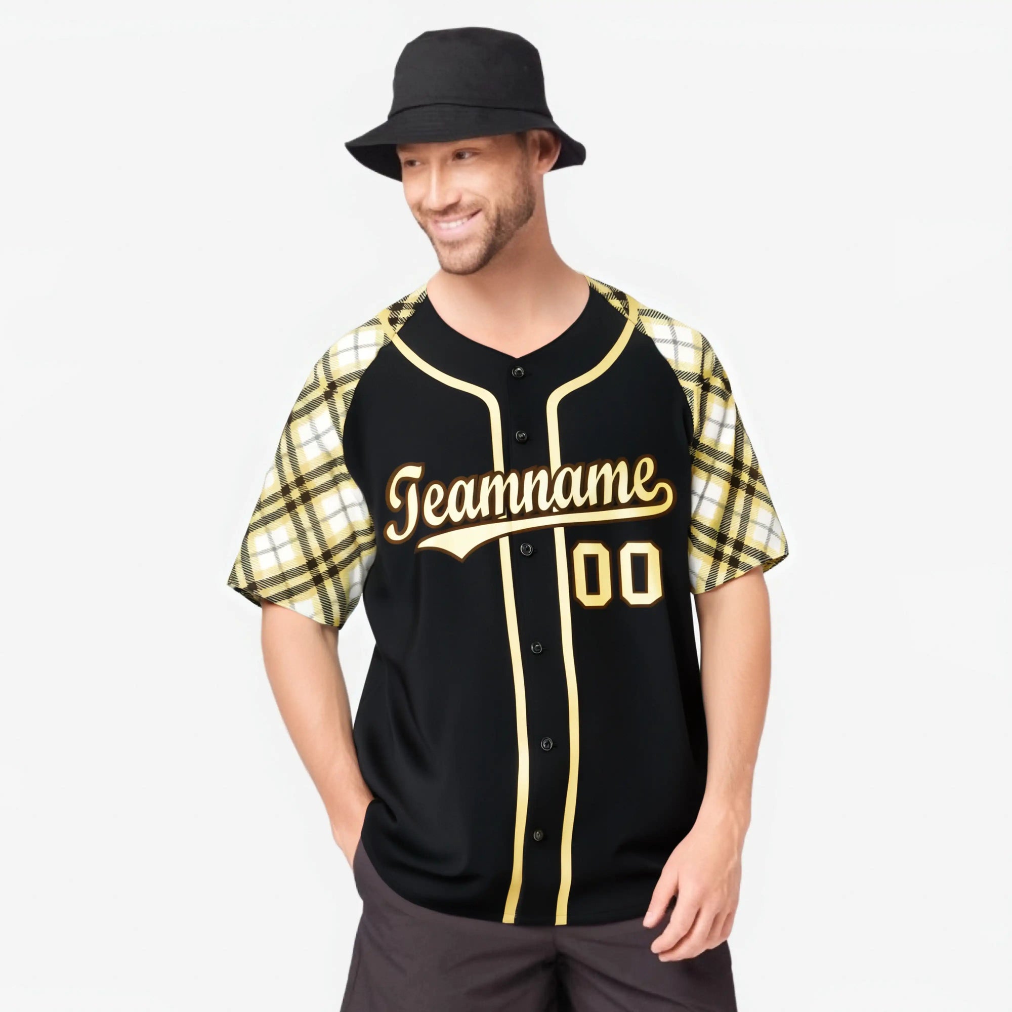 Custom Black Old-Gold White Authentic Plaid sleeve Baseball Jersey
