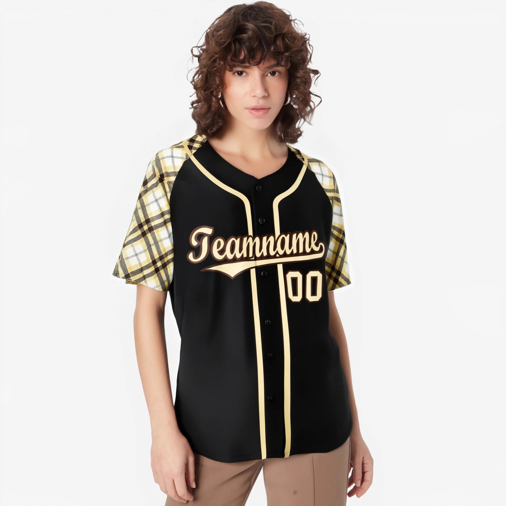 Custom Black Old-Gold White Authentic Plaid sleeve Baseball Jersey