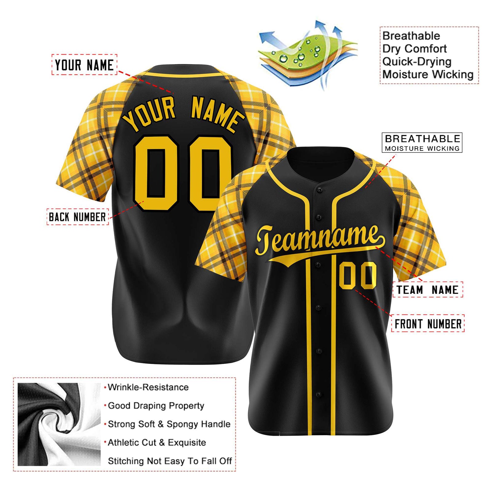 Custom Black Yellow-White Authentic Plaid sleeve Baseball Jersey