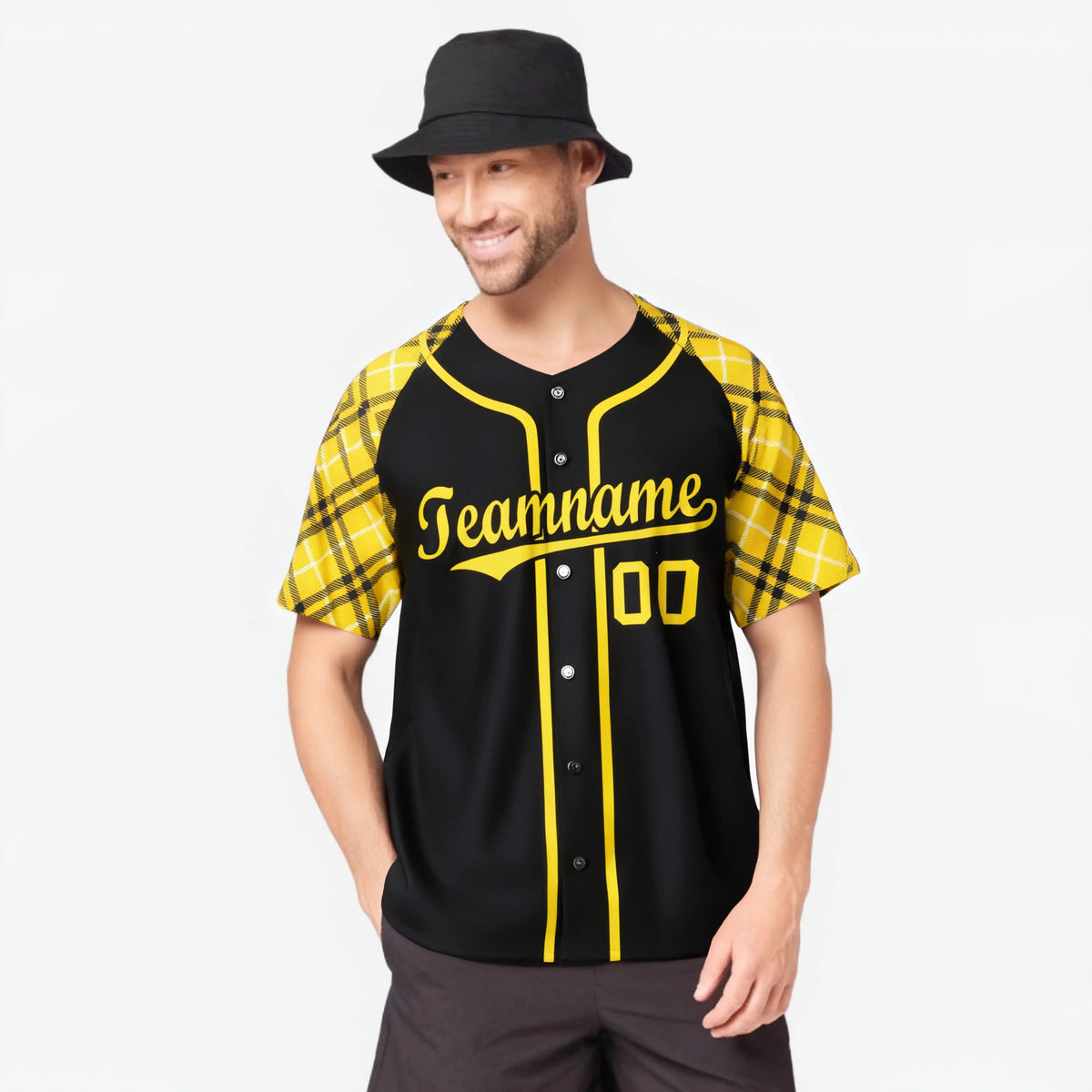 Custom Black Yellow-White Authentic Plaid sleeve Baseball Jersey