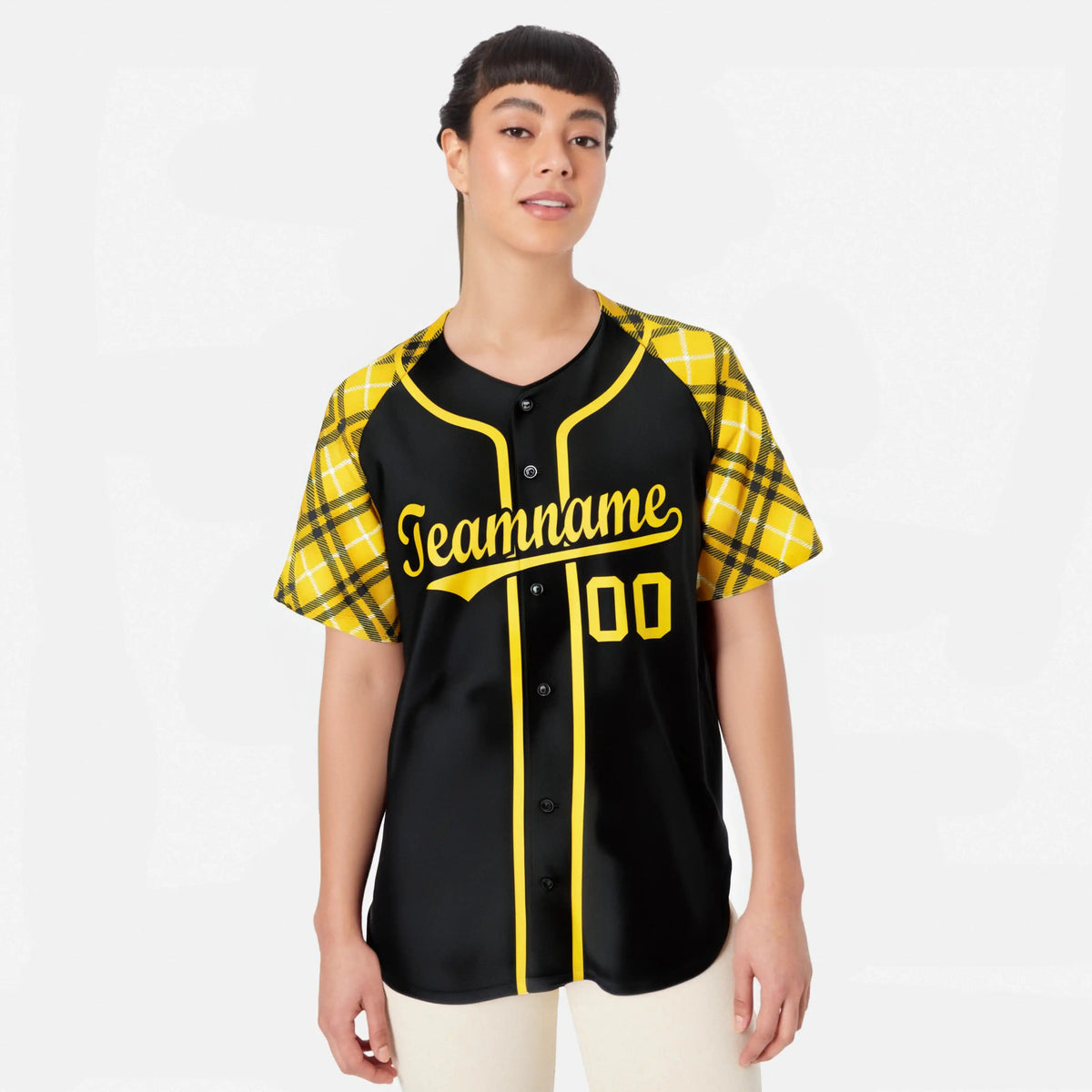 Custom Black Yellow-White Authentic Plaid sleeve Baseball Jersey