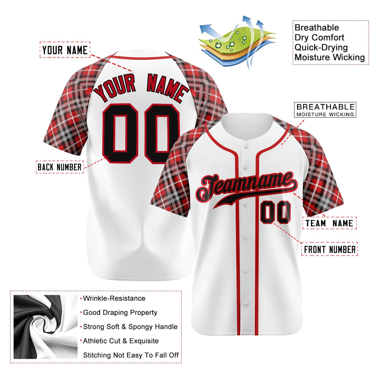 Custom White Crimson-Black Authentic Plaid sleeve Baseball Jersey