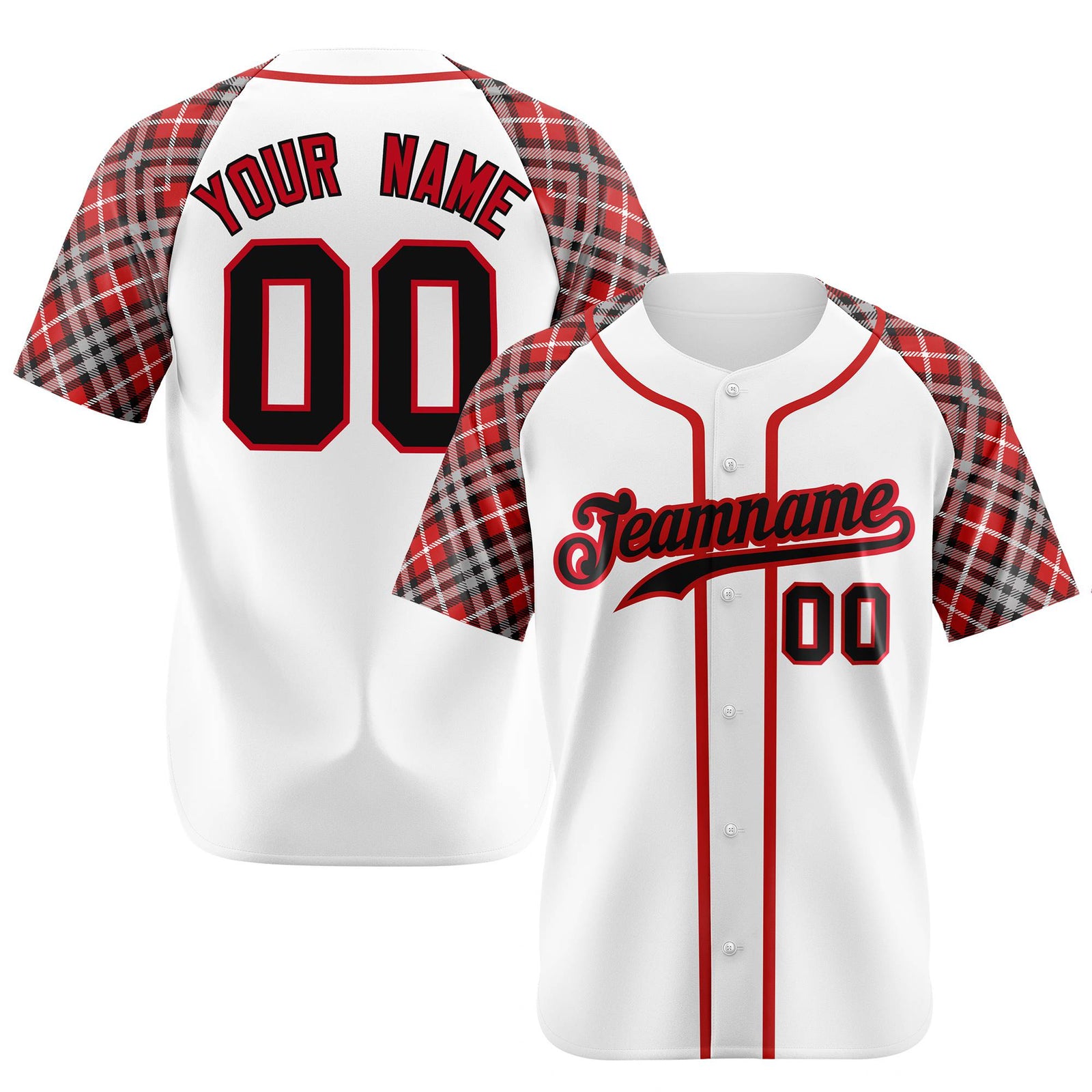Custom White Crimson-Black Authentic Plaid sleeve Baseball Jersey
