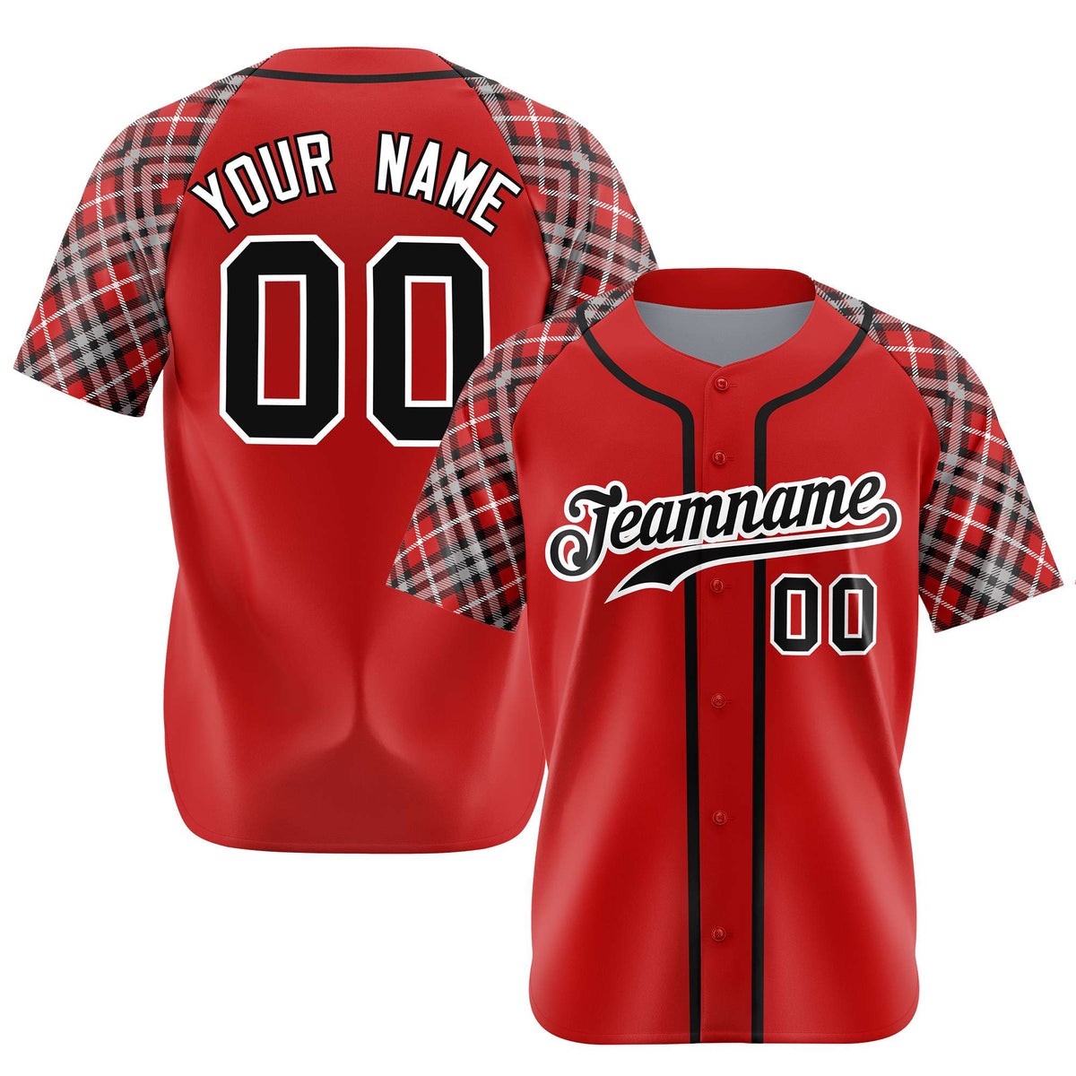Custom Red Brown-Black White Authentic Plaid sleeve Baseball Jersey