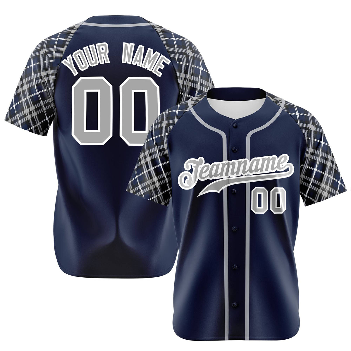 Custom Navy Gray-White Authentic Plaid sleeve Baseball Jersey