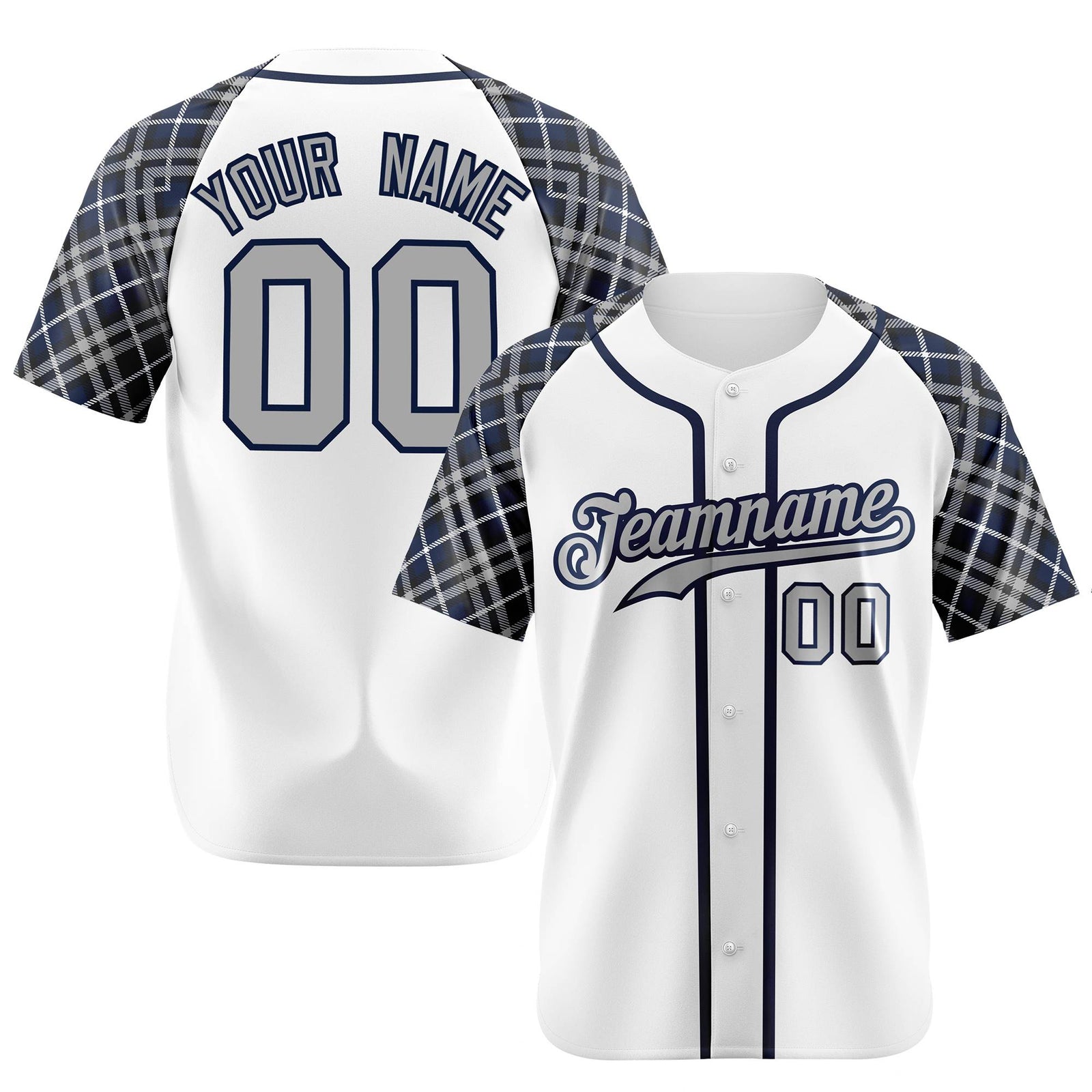 Custom White Gray-Navy Authentic Plaid sleeve Baseball Jersey